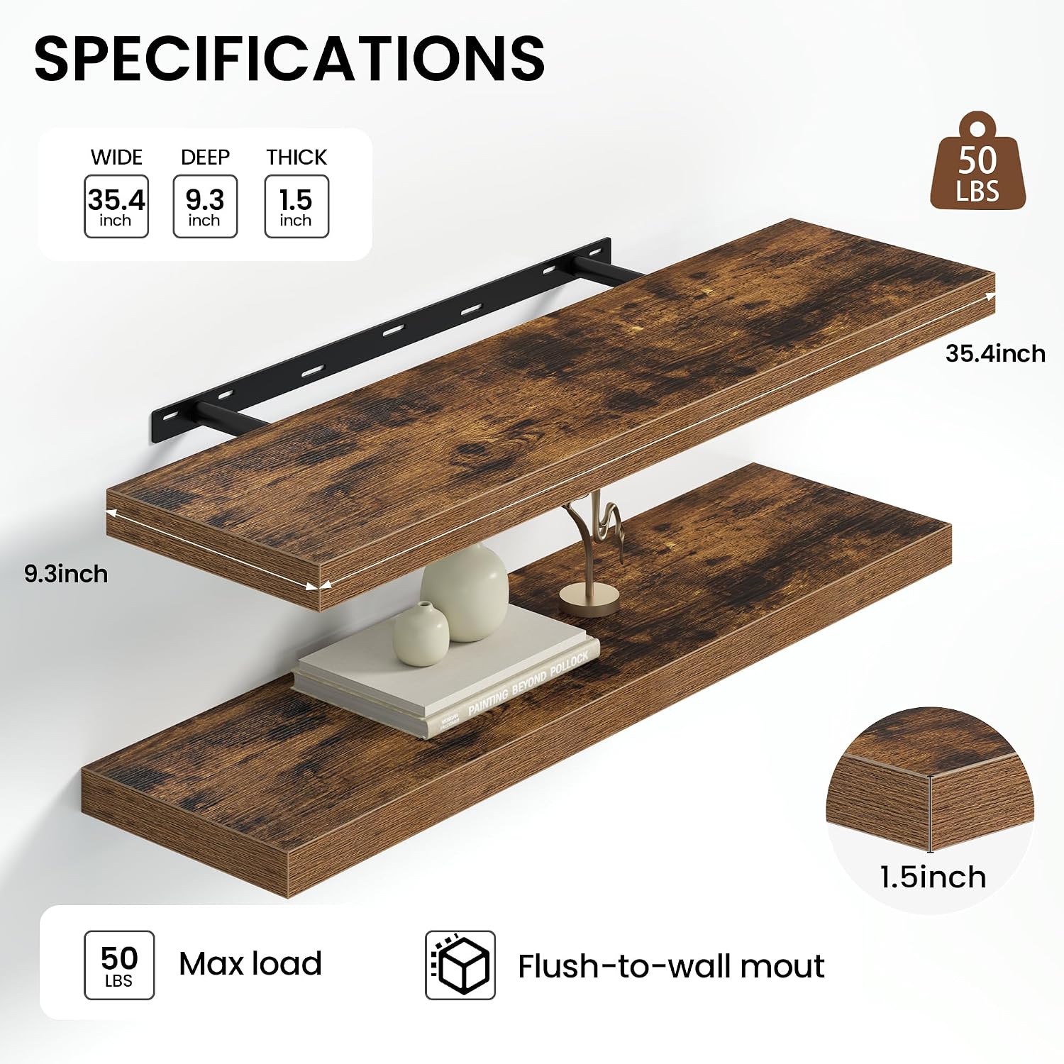 Floating Shelves for Wall 36 Inches Long,9.3" Deep Rustic Brown Floating Shelf Set of 2,Wall Mounted Shelves for Bathroom Bedroom Living Room Kitchen Office,Shelf for Books Storage,Home Decor image 3