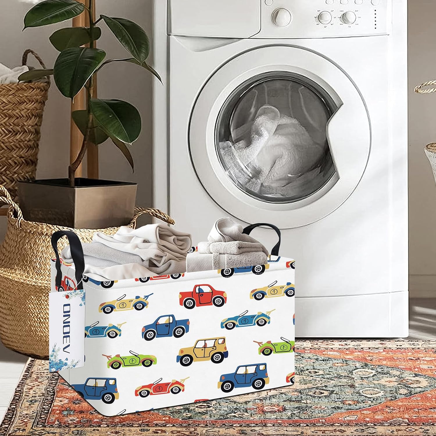 Rectangular Kids Car Storage Basket,Collapsible Fabric Toy Organizer Bin with Handles,Cute Cartoon Car Pattern Storage Box for Boys Room,Nursery,Playroom,Closet (Car)