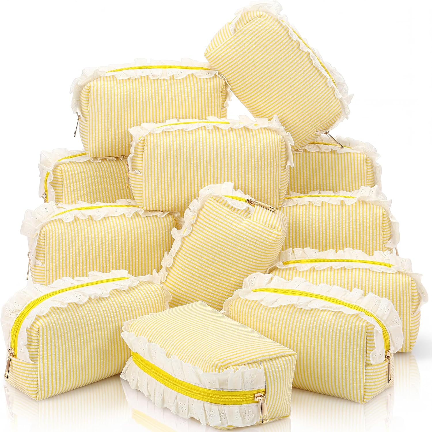 Huhumy 12 Pcs Seersucker Ruffle Makeup Bags Bulk 7 x 4 x 3 inch,Yellow