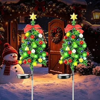 2 Pack Solar Christmas Tree Garden Stake Lights Decorations Outdoor, Solar Xmas Ornament Tree In-ground Lights Waterproof for Yard Front Porch Pathway Grave Decor