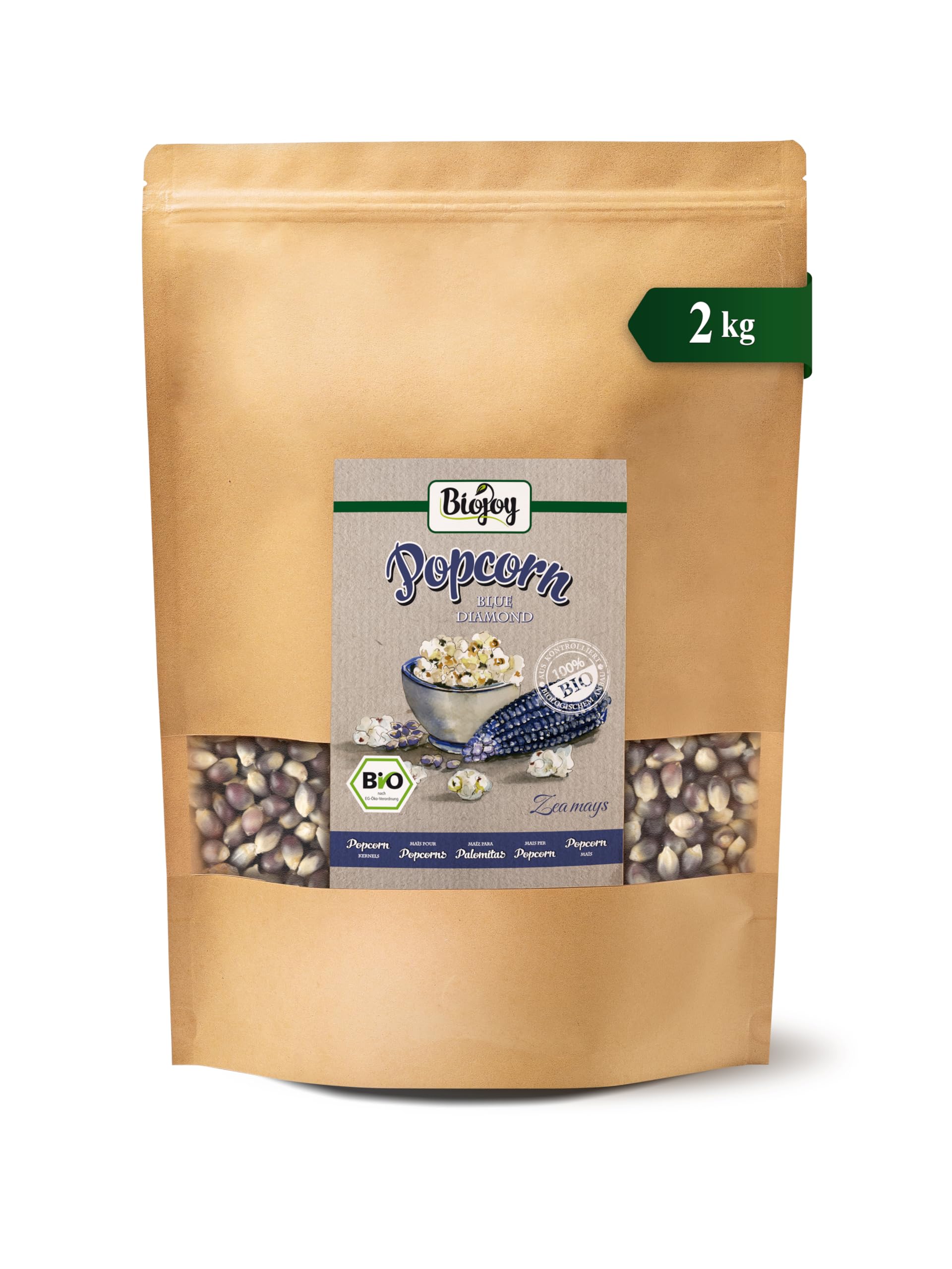 Biojoy Mais per Pop-Corn Biologico Blue Diamond (2 kg), Crudo e Intero, Senza Additivi