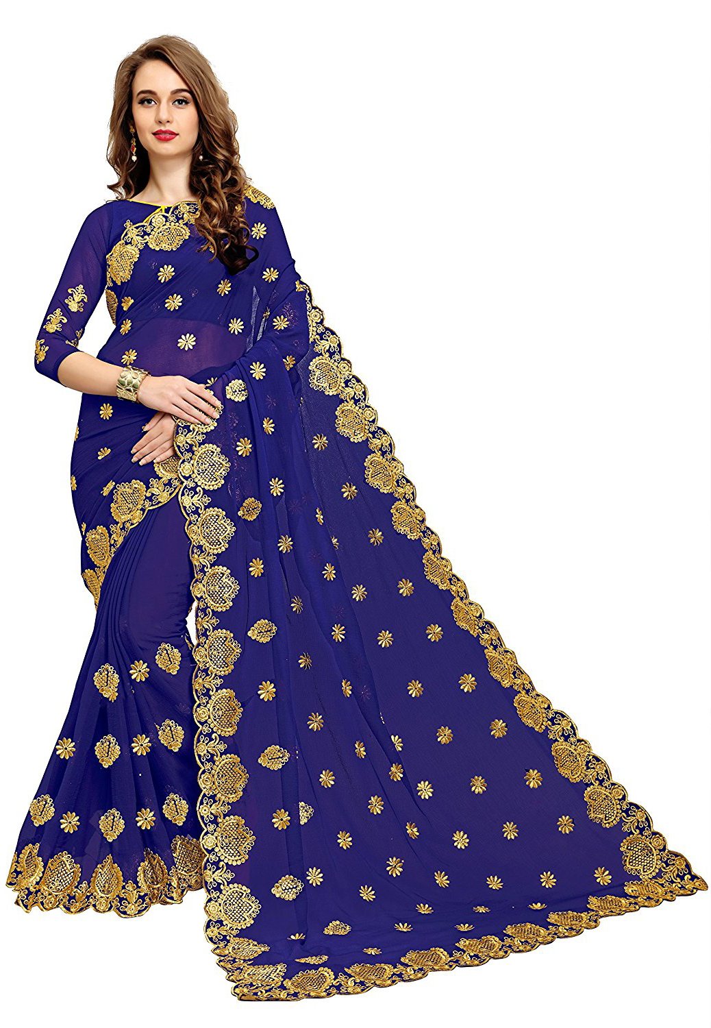 Online Bazaar Women's Georgette Saree With Blouse Piece (2210_Navy_Navy Blue)