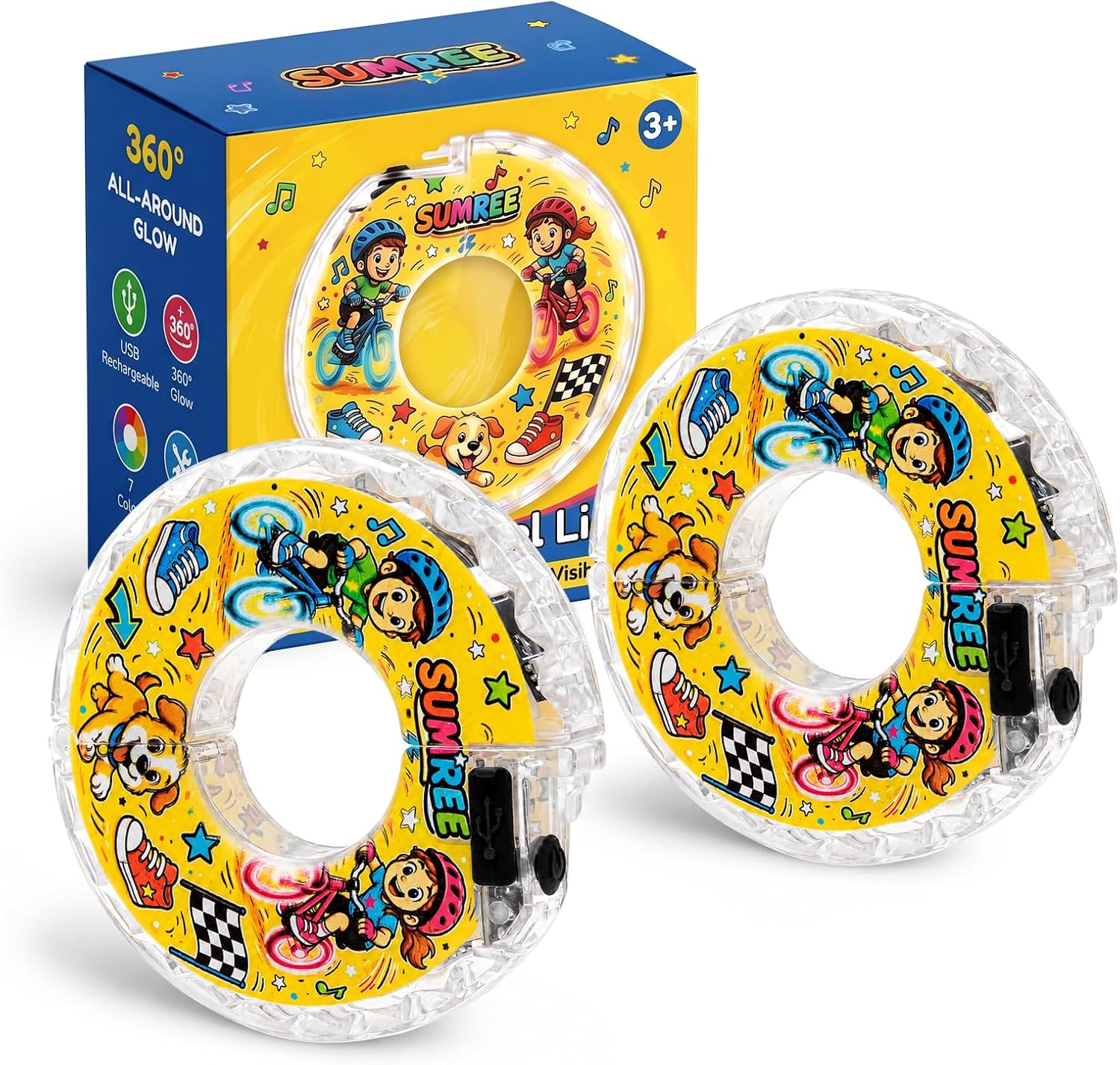 Bike Wheel Lights, USB Rechargeable Bicycle Lights with 7 Colors and Flash Modes, 2 Pack Spoke Set for Kids, 360 Degree Tire Glow for Night Riding, Gift Accessories for Boys Girls Teens