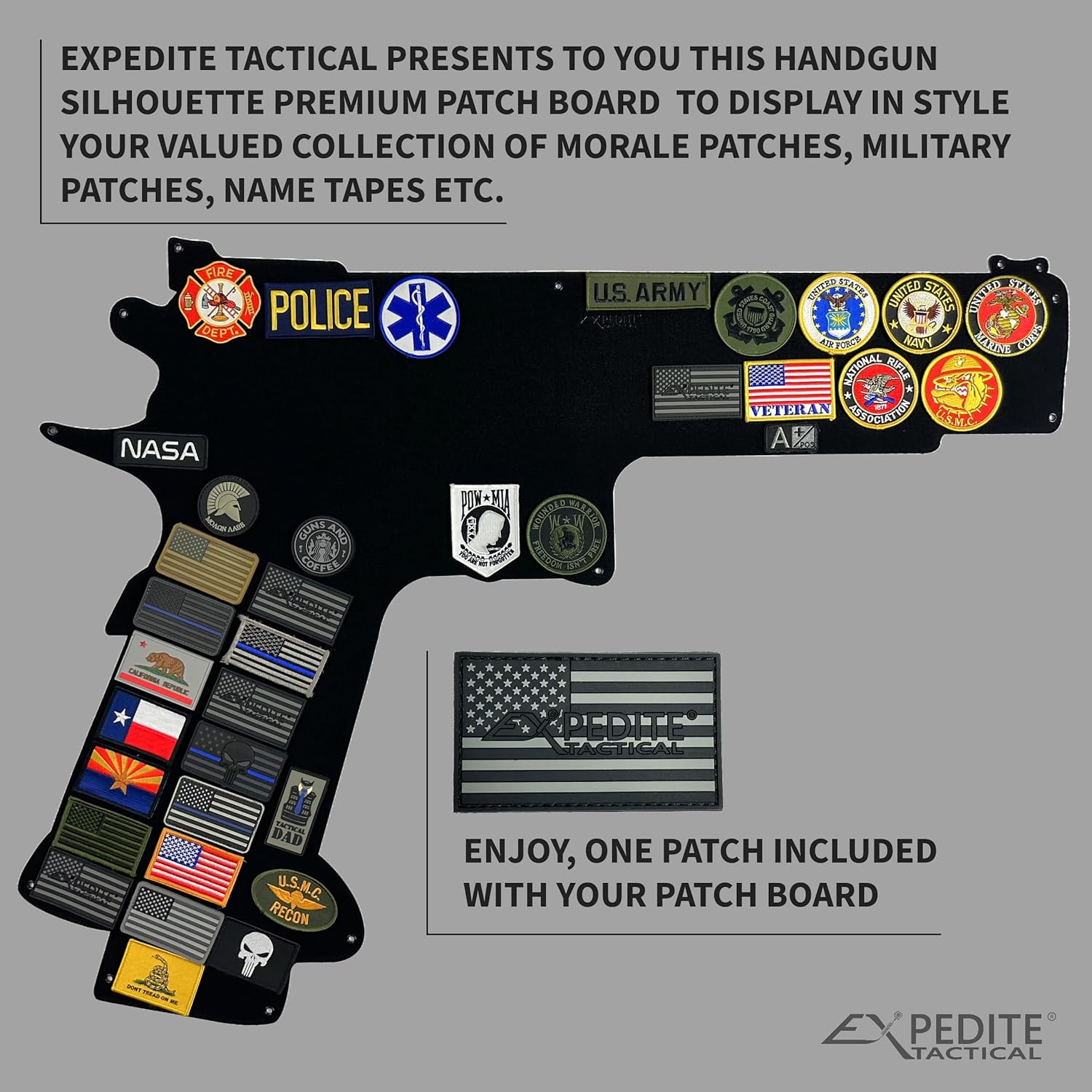 Patch Board Tactical Handgun Silhouette Large Premium Military Hook and Loop Morale Patch Panel Holder (+ one Included Flag Patch)