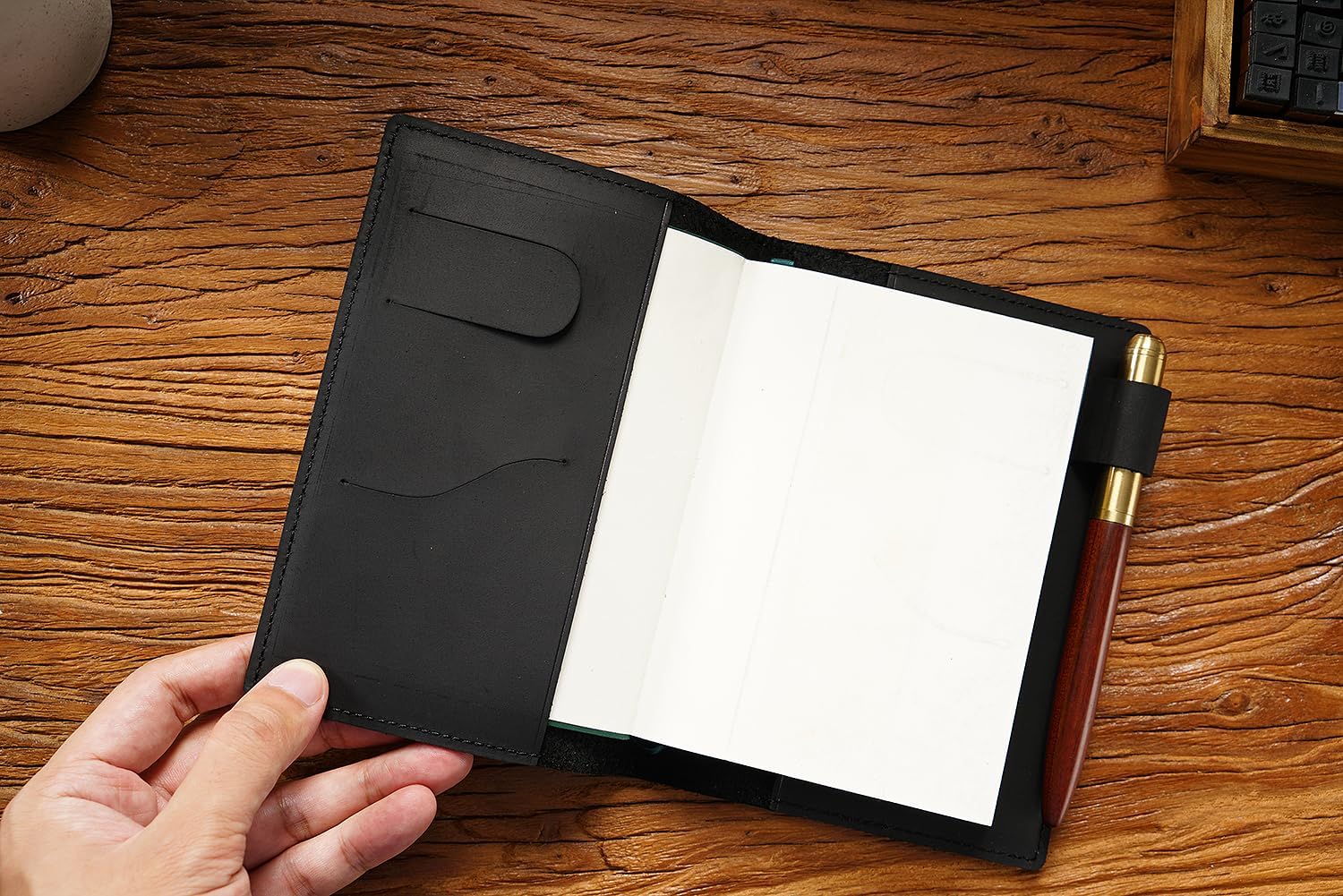 Leather A6 Planner Cover for Hobonichi Original, Stalogy, Midori, Wonderland 222 and Zequenz - with Pen Loop (Black)