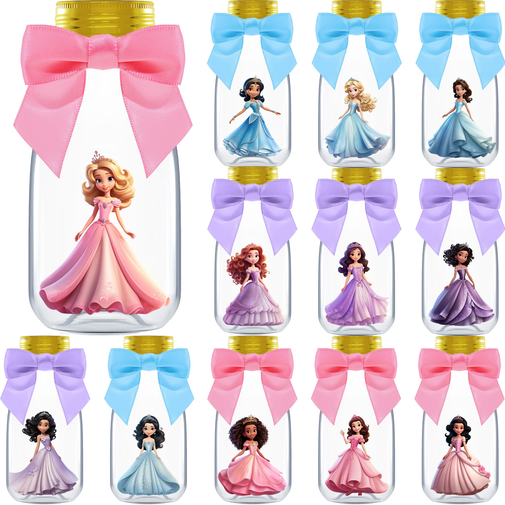 Ethisa Small 12 Pack Princess Party Favors - DIY Candy Jars with Ribbons and Stickers - Party Decoration Bottles for Birthday, and Baby Shower for
