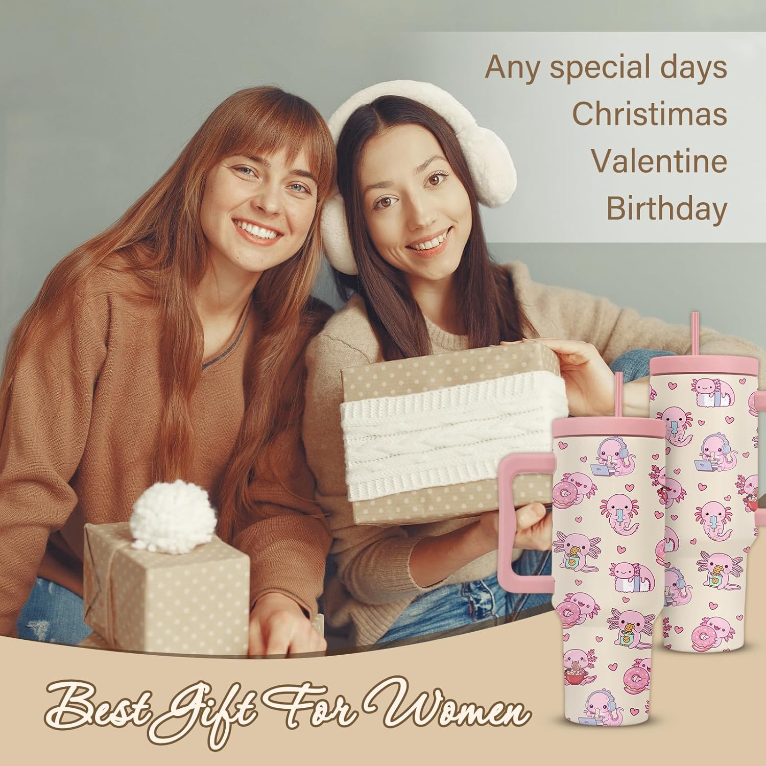 Axolotl Tumbler 40 Oz, Axolotl Gifts For Women, Cute Axolotls Tumbler With Handle, Birthday Gifts For Axolotls Lovers, Pink Insulated Tumblers Cup - Image 7