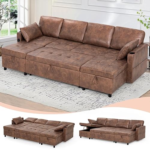 110" Suede Leather Pull Out Sofa Bed w/Adjustable Backrest, Sectional