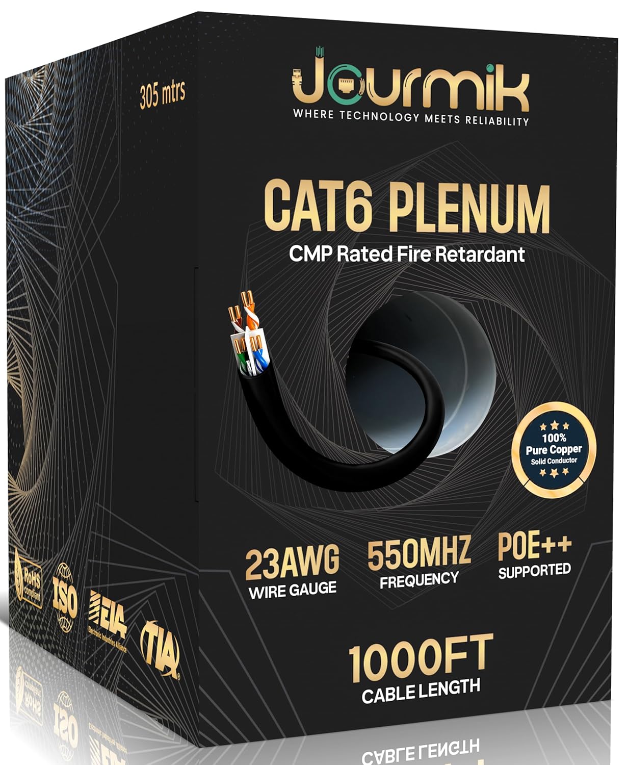 Jourmik | CAT6 Plenum Ethernet Cable 1000ft | 100% Pure Copper CMP Rated Fire Resistnace | 10Gbps, 23AWG, 550MHz, UTP | Bulk Network Cable for Commercial, Industrial & Residential Networking | Black