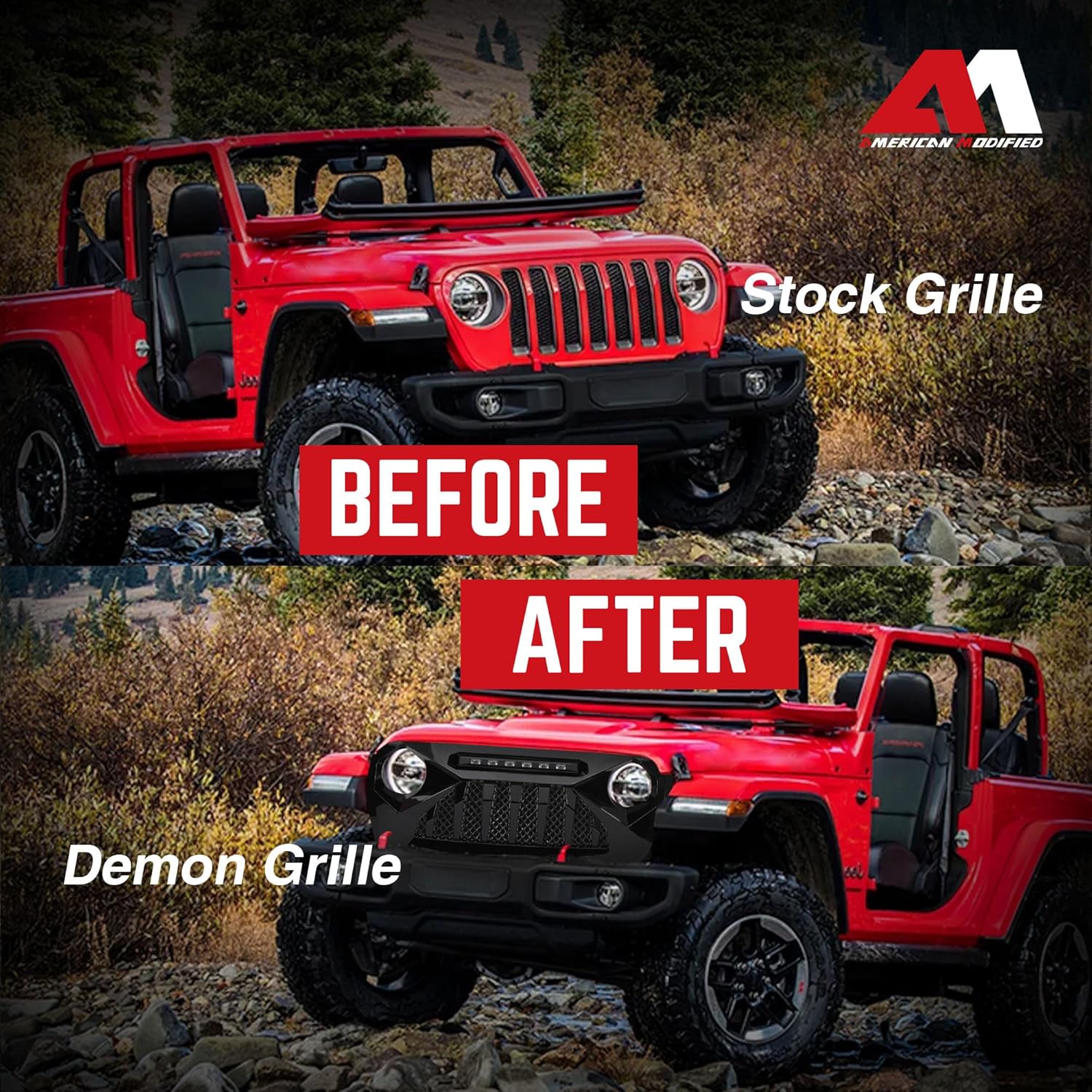 AMERICAN MODIFIED Grille w/Lights Compatible with 18-24 Wrangler JL, 20-24 Gladiator JT w/o TrailCam