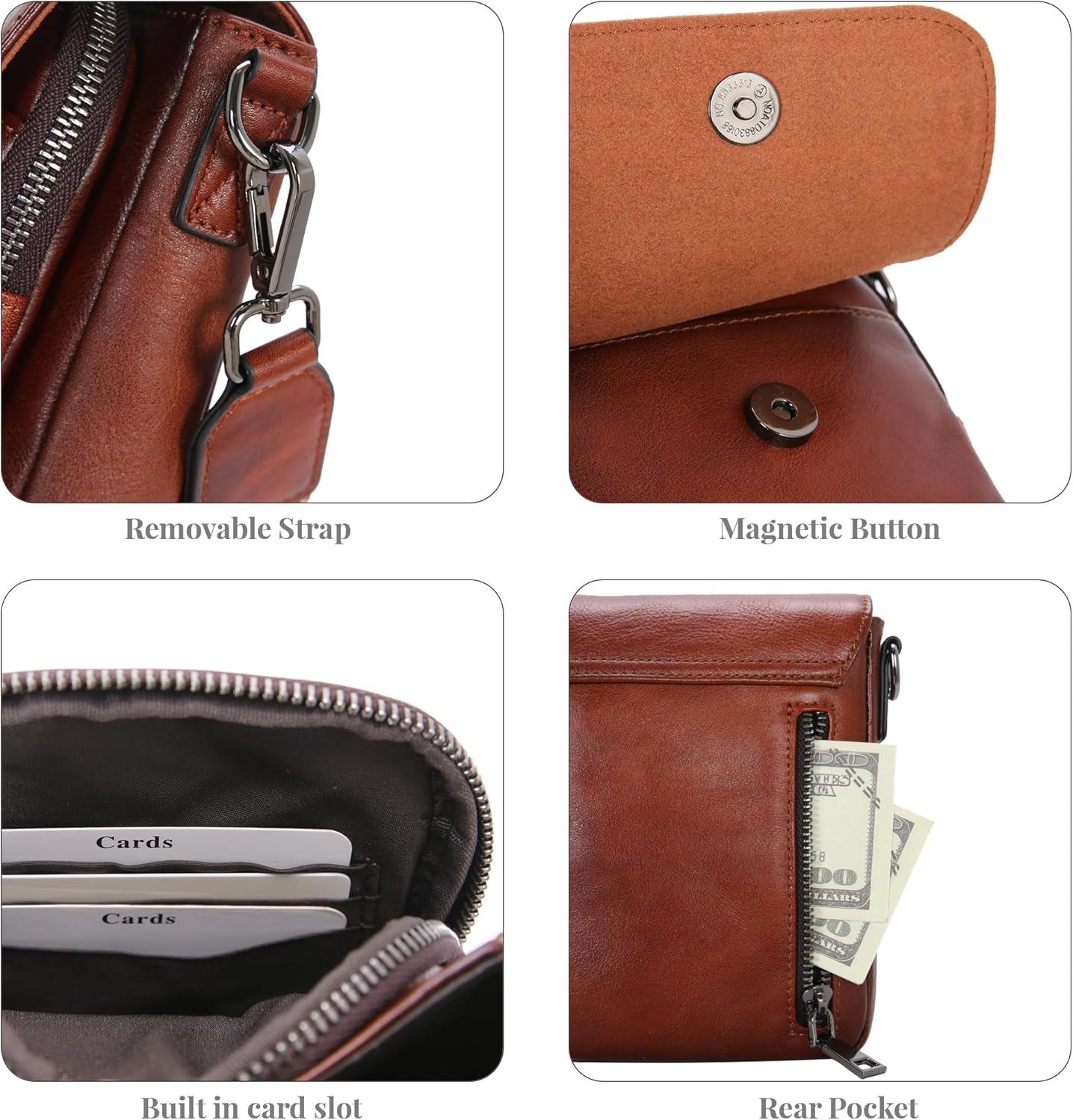 HESHE Leather Small Crossbody Bags for Women RFID Blocking Cell Phone Purse Anti-Theft Travel Bag with wide Straps - Image 7