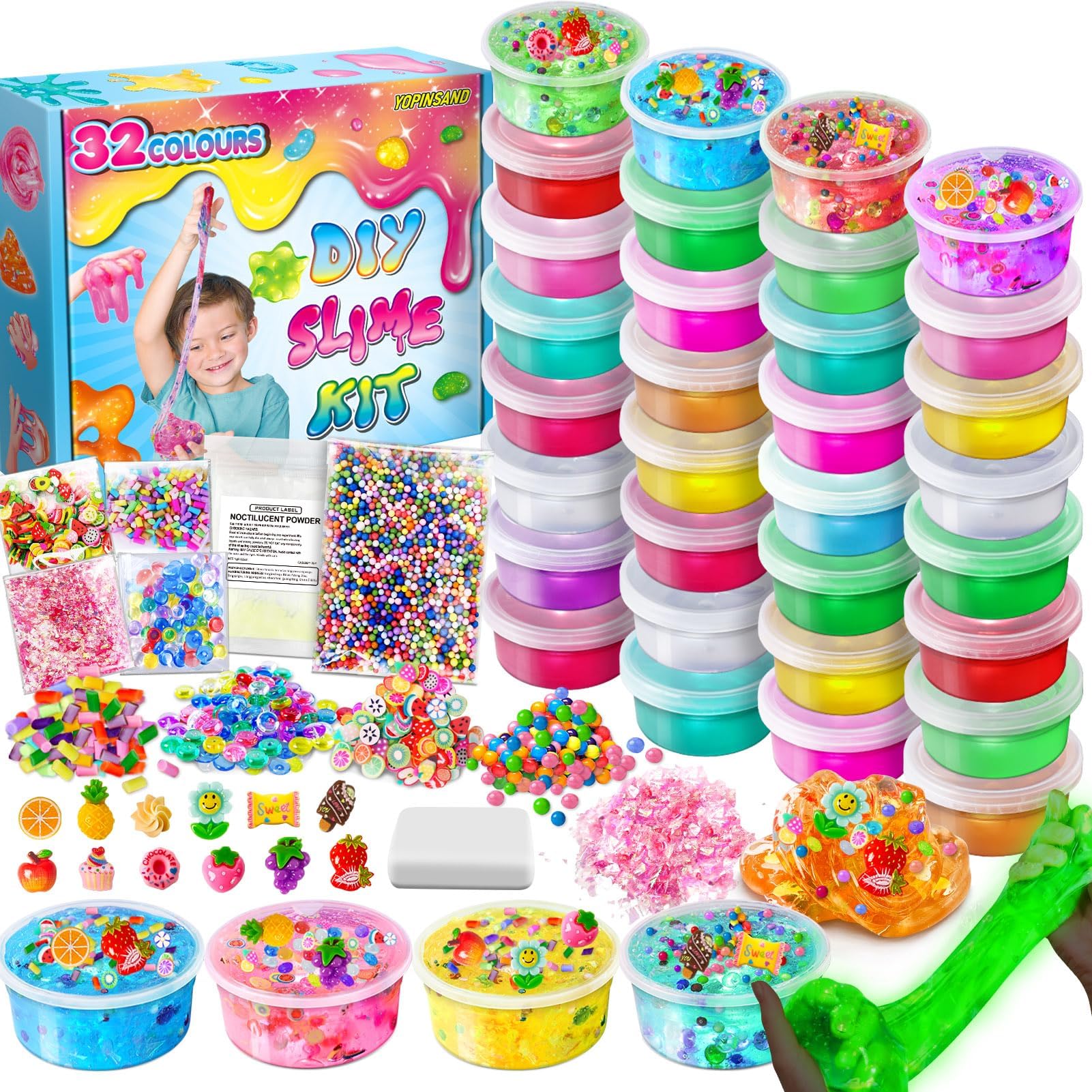 – YOPINSAND 32 Cups DIY Slime Kit, Slime Making Kit for Girls 10-12, Glow in The Dark, Crystal Clear Slime with Add-ins, Foam Balls, Charms, Party Favors Gift Toys for Kids