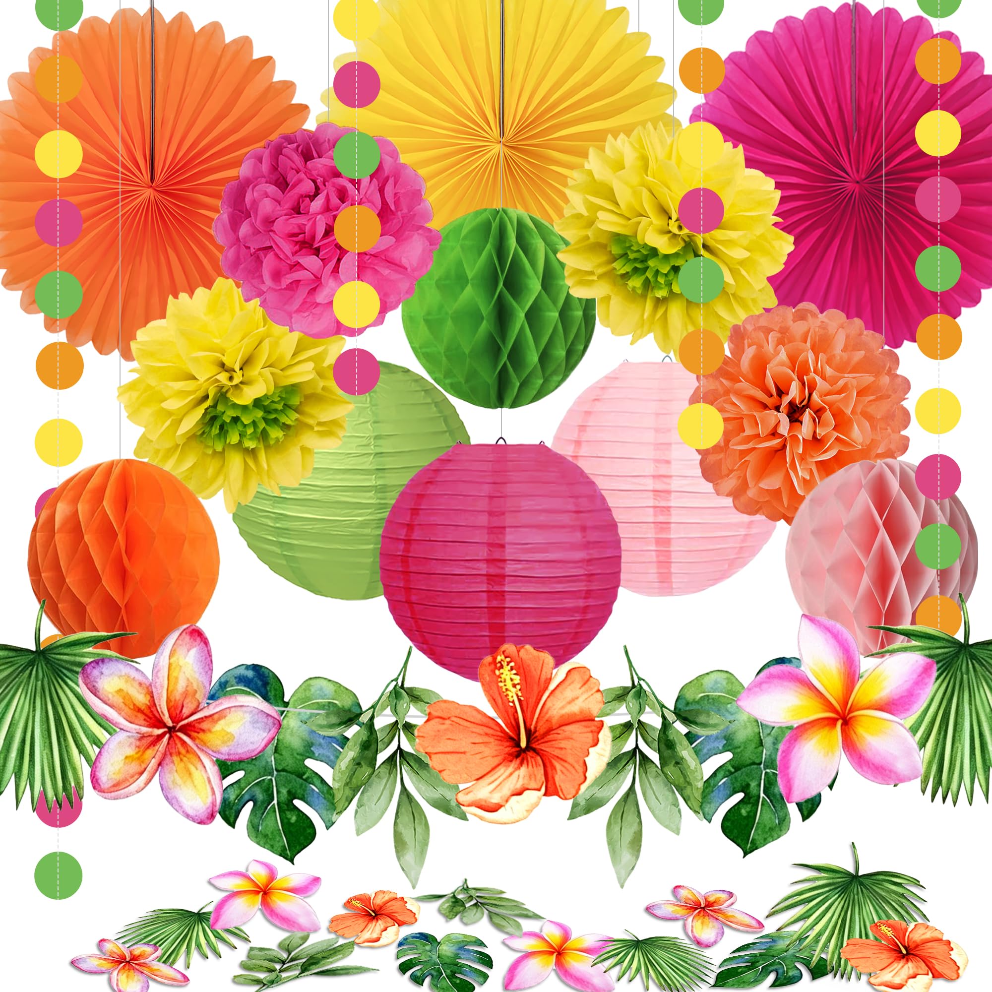 27 Piezas Decoración Hawaii Luau, Decoración Fiesta Hawaiana y Cumpleaños con Abanicos, Flores y Farolitos de Papel, Collares Hawaianos y Elementos Tropicales para Fiesta Playa y Tema Aloha