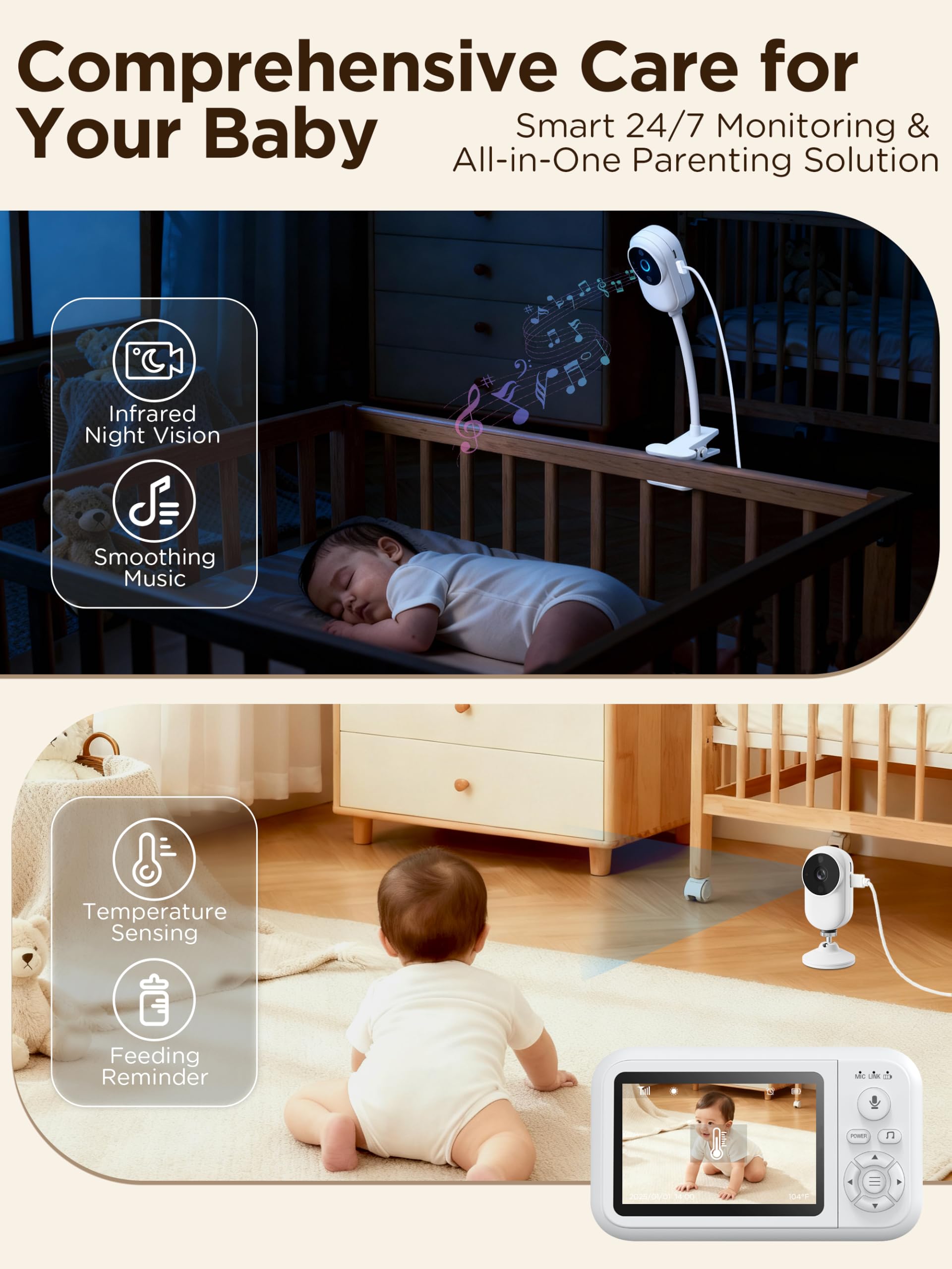 Monitor de bebé con cámara sin WiFi, detección de llanto y audio
