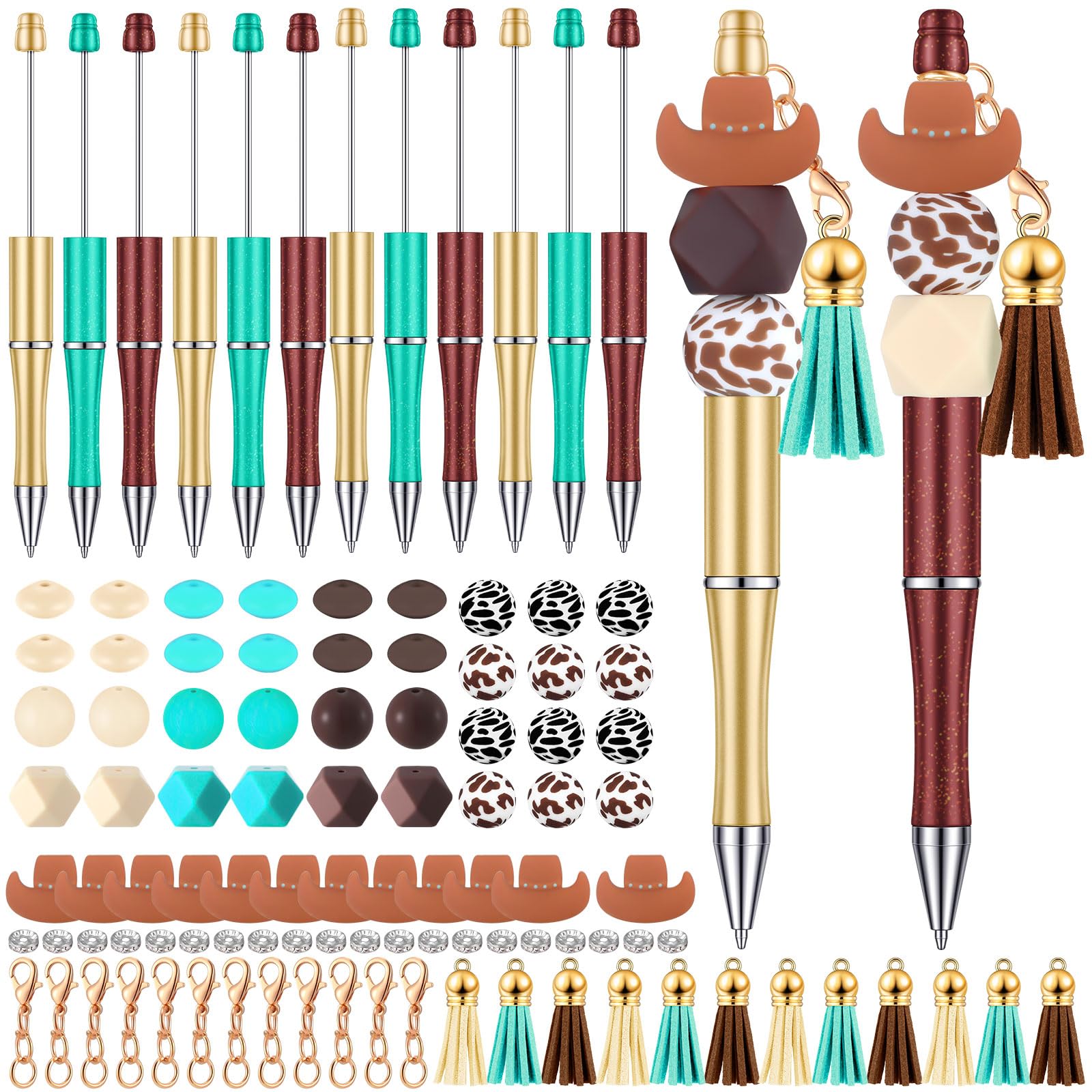 Unittype 12 Pcs Plastic Beadable Pens Kits with Assorted Colors Bead Sets Beads 12 Tassels DIY Bulk Ballpoint Pen Easter Gift Black Ink for Women