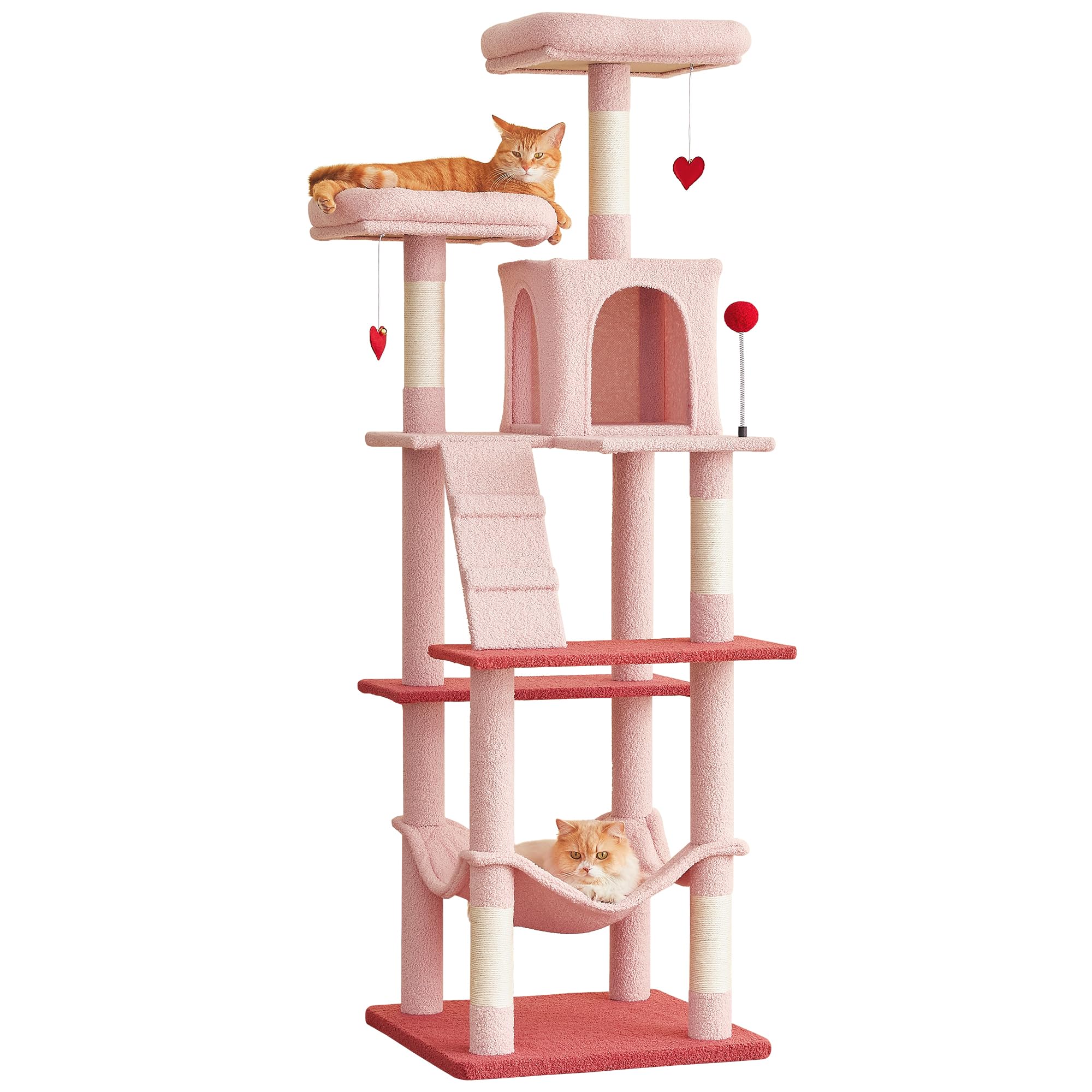 MWPO Cute Cat Tree, 70.1-Inch Tall Pink Cat Tower for Indoor Cats Large Adult, Multi-Level Cat Condo with 5 Scratching Posts, 2 Padded Perches, Hammock, Dangling Toys