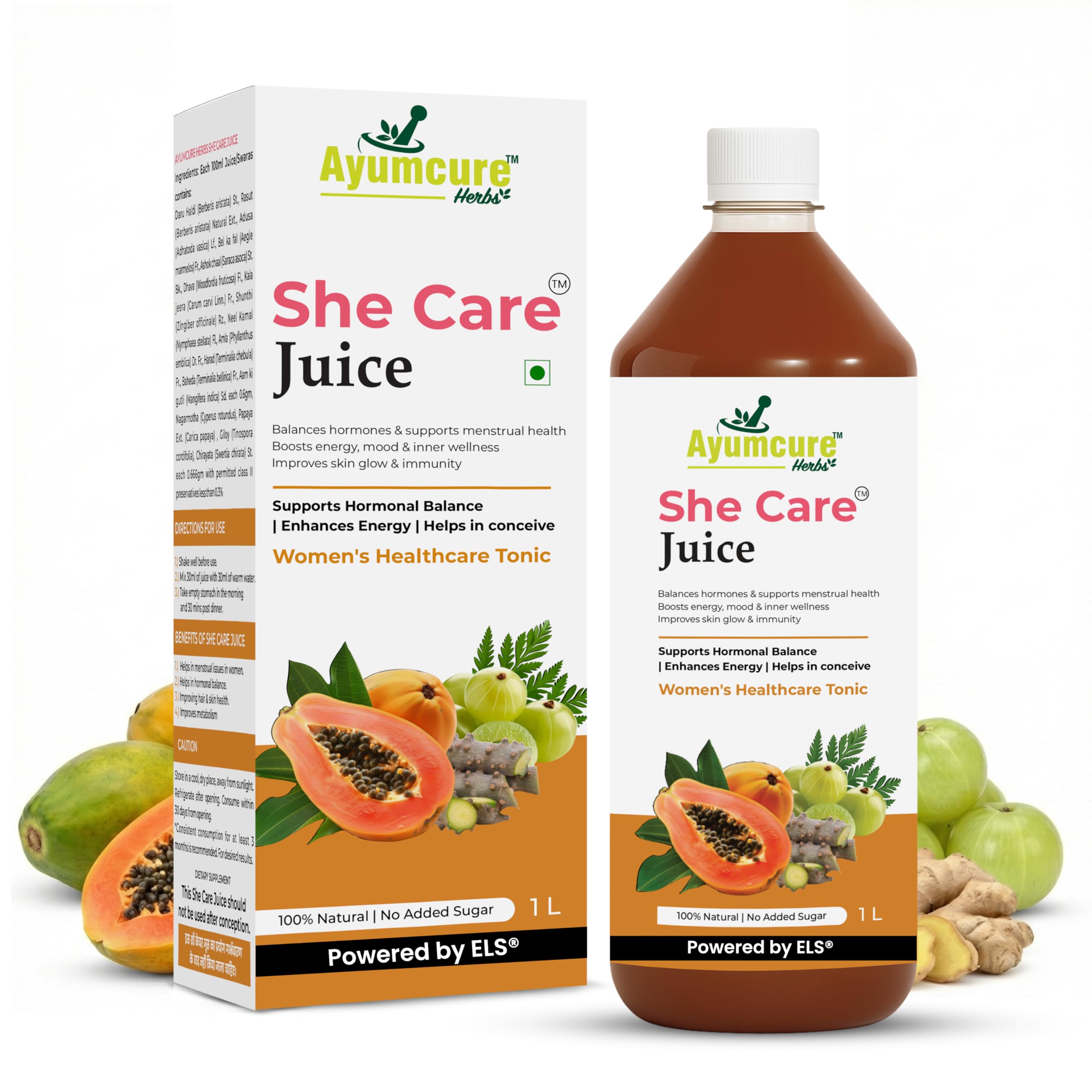 Ayumcure She Care Juice for Women, 1000ml | Supports Hormonal Balance, PCOS/PCOD Support & Regular Menstrual Cycles | With Ashok Chaal, Papaya Leaf, Daru Haldi, Bel Ka Fal, Amla, Giloy & Herbs | No Added Sugar