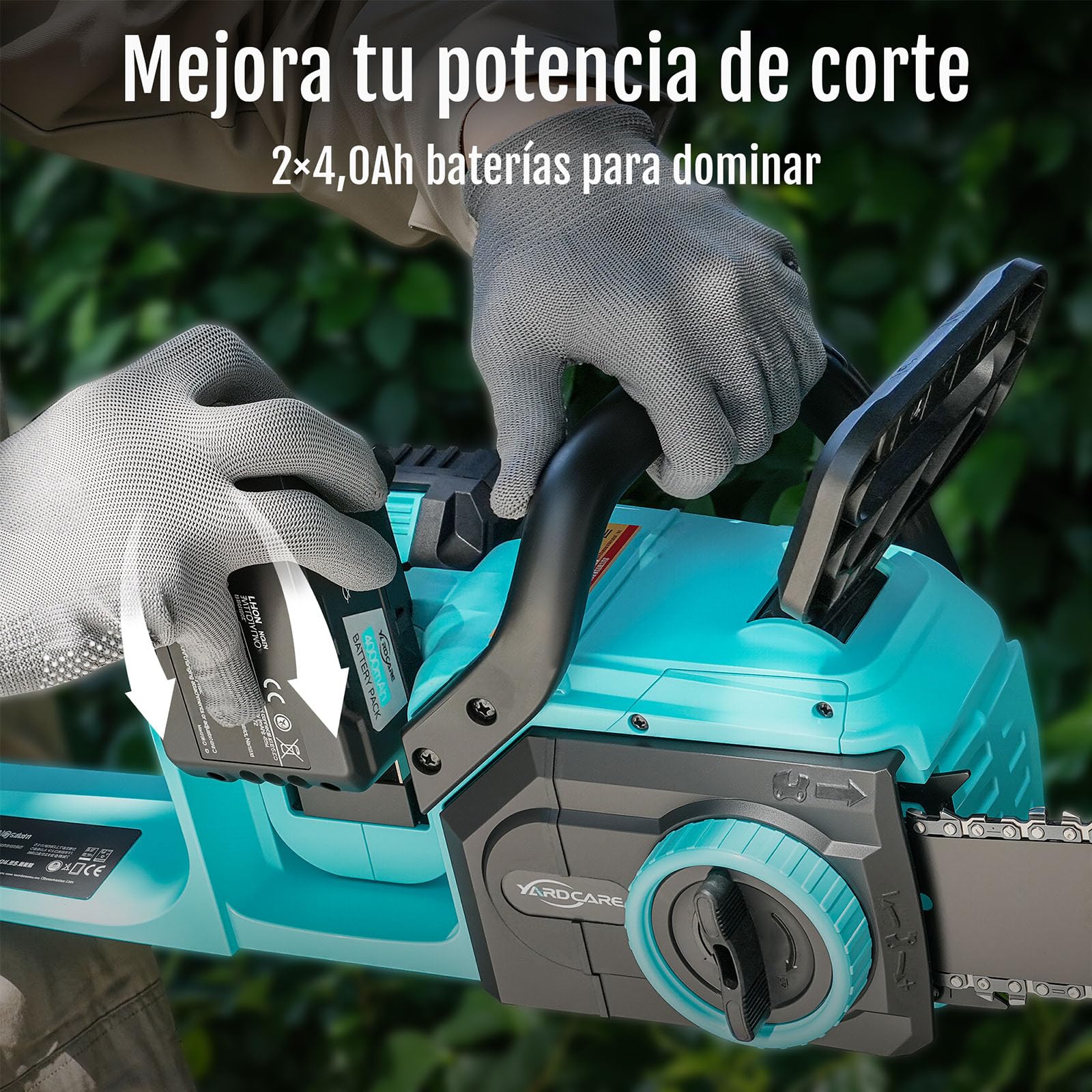 YARDCARE Motosierra a batería de 16 pulgadas, motor brushless de 1600 W, velocidad de cadena 21 m/s, con pantalla LED y 2 baterías de 4 Ah, tensado sin herramientas y lubricación automática