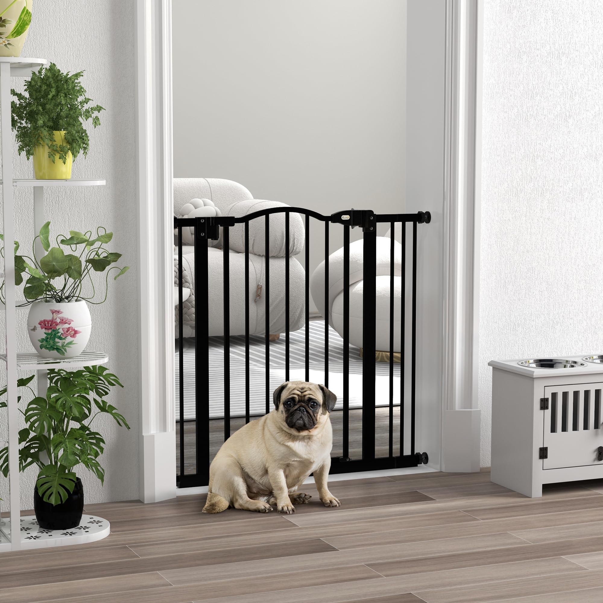 PawHut Barrera de Seguridad para Perros Extensible 74-87 cm, para Puertas y Escaleras, Barrera para Perros con Extensión 7 cm, Montaje a Presión y Doble Bloqueo, Negro