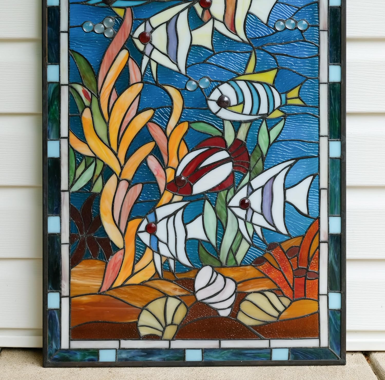 20" x 33.75" Fish under the Sea Handcrafted hanging stained glass window panel