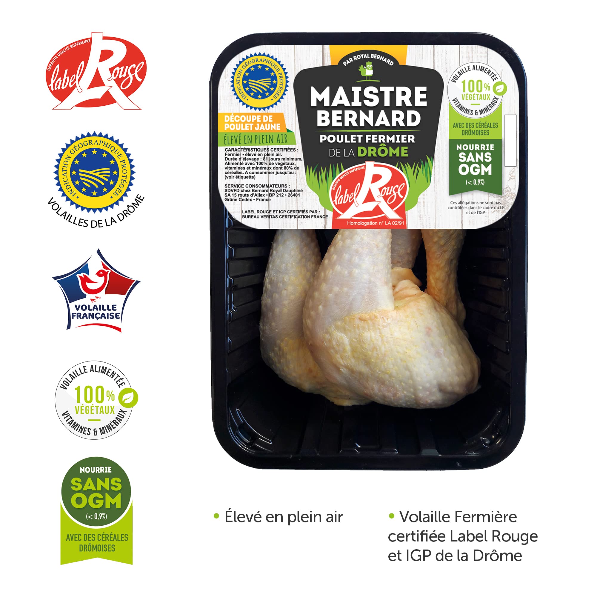 Royal Bernard - Assortiment Label Rouge - Colis de Viande de Poulet Fermier - 4 Produits Régionaux IGP de la Drôme - 1 Poulet Entier + 4 Cuisses + 2 Filets + 6 Ailes de poulet