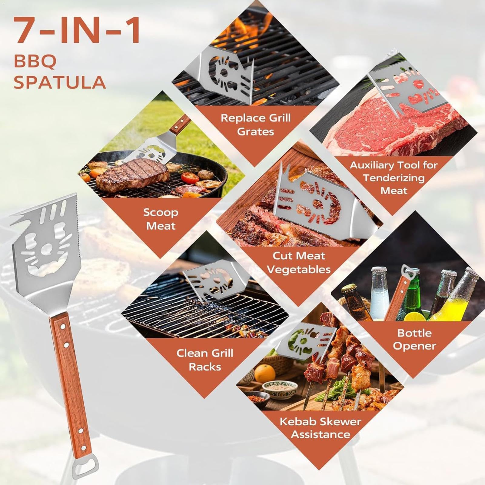 Set di Utensili per Barbecue e Griglia 3 Pezzi Multifunzionale Compatto