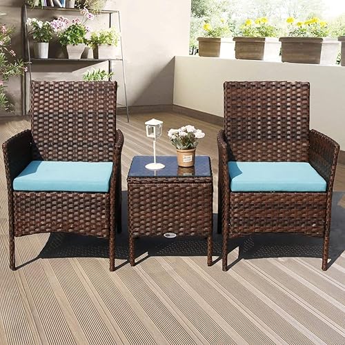 DIMAR GARDEN Patio Bistro Set Outdoor Wicker Rattan Chairs with Blue Cushion,3 Pieces Mixed Brown