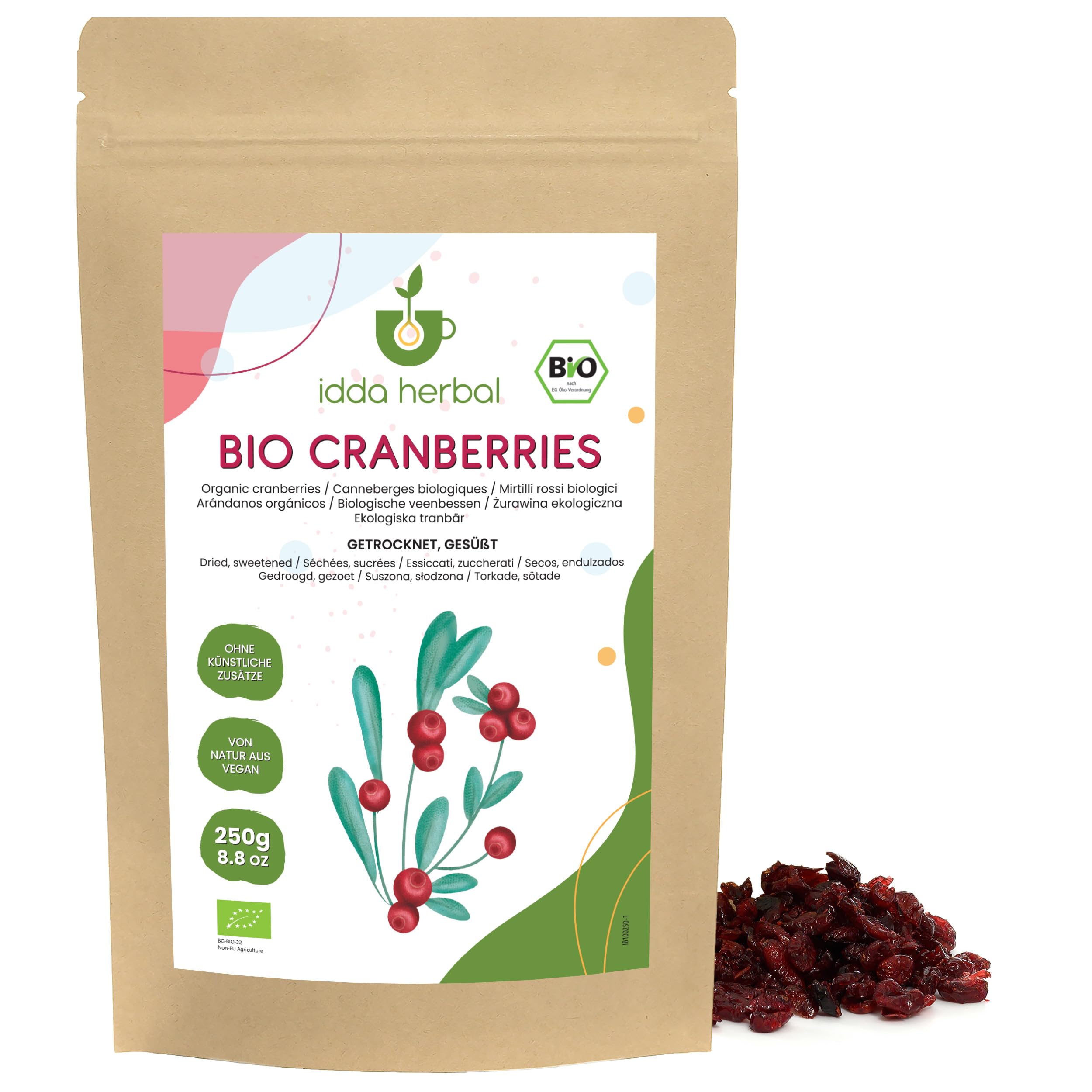 IDDA Herbal Ekologiczna Suszona Żurawina 250g, Całe Owoce Żurawiny, Słodzone Sokiem Owocowym