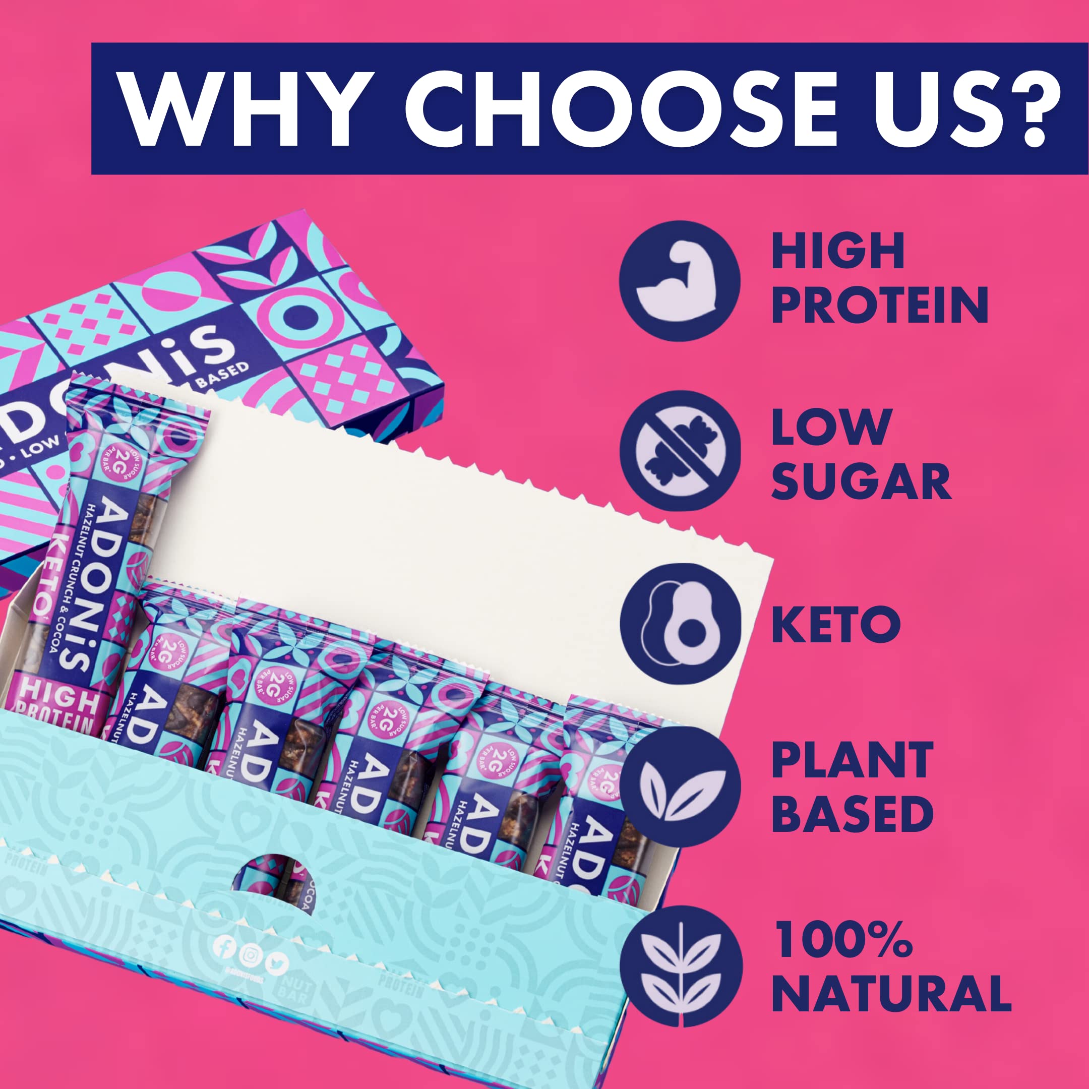 Adonis Keto Barrete Proteiche | Nocciola & Cioccolate Cheto Bar | Snack Bar Cheto, Alto Proteine, A basso Contenuto di Carboidrati, Vegano, Senza Zuccheri, Poche Calorie, Perdita di Peso (16 Pezzi)