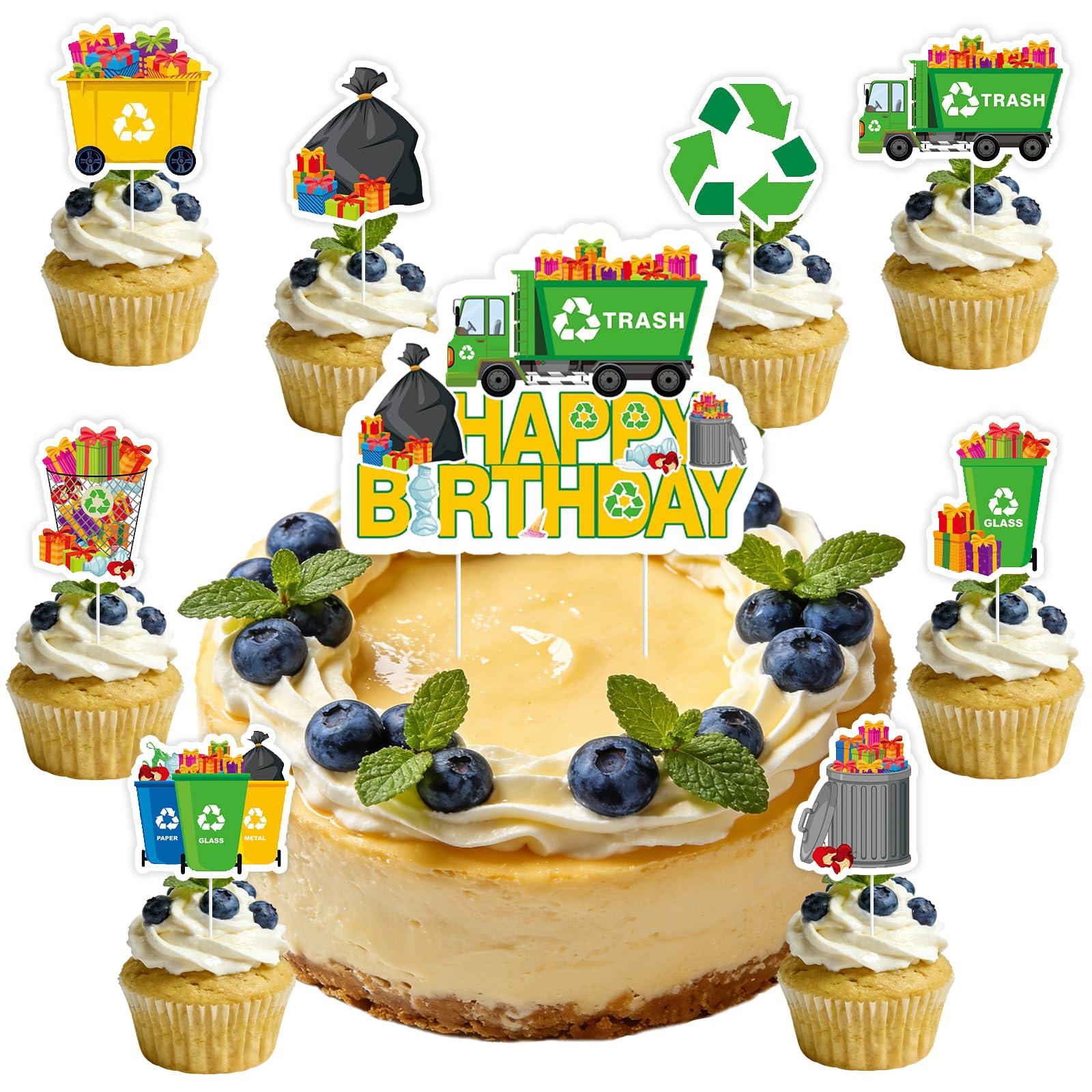 Garbage Truck Cupcake Toppers + Big Cake Topper Set - Trash Truck Rubbish Bin Bag Cartoon Designs Birthday Party Supplies for Boys Girls Happy Birthday Cake Decorations Baby Shower Cupcake Picks