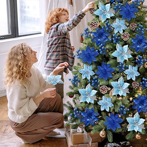 Miniatura 4 de Hommtina 56 piezas de decoraciones de Navidad, 4 estilos de flores de Pascua artificiales, bayas con purpurina, tallos de árbol con piñas y tallos