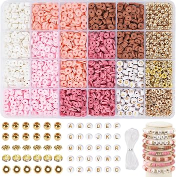 QUEFE Pink Bracelet Making Kit Friendship Bracelets 2850 Flat Clay Beads and Gold Spacer Beads for Jewelry Making, Crafts, Gifts and Birthday Rose Smoke