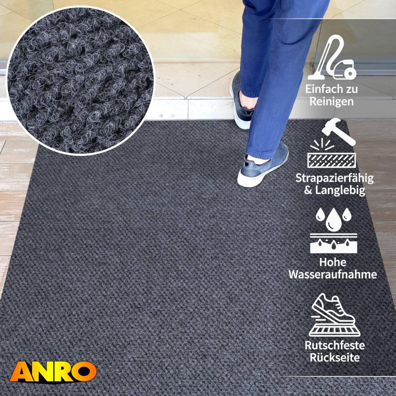 ANRO Appel Fußmatte Schmutzfangmatte rutschfest Grau 150x90 cm