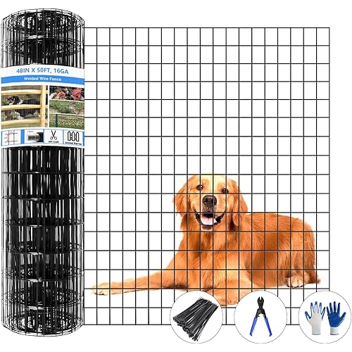 Welded Wire Fence, 50ft(L) x 48inch(H) Garden Fence for Dog, 2 Inch x 3 Inch 16GA Fencing for Chicken, PVC Coated Anti-Rust Roll Metal Wire Mesh Fence for Yard Vegetable, Black