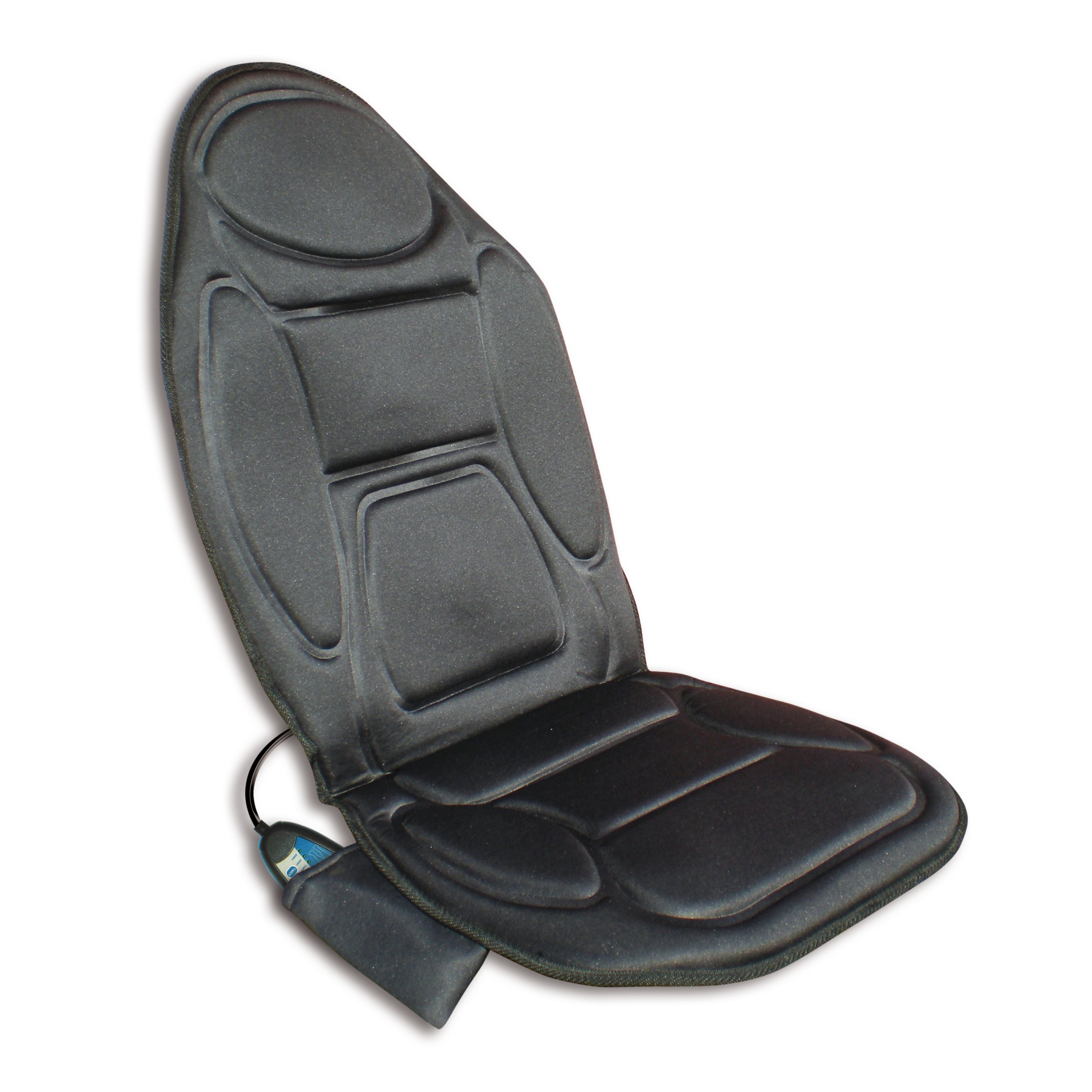 Cuscino massaggiante dal design ergonomico, che unisce la fuzione massaggiante di 5 motori vibranti, a quella riscaldante di un cuscinetto lombare.
