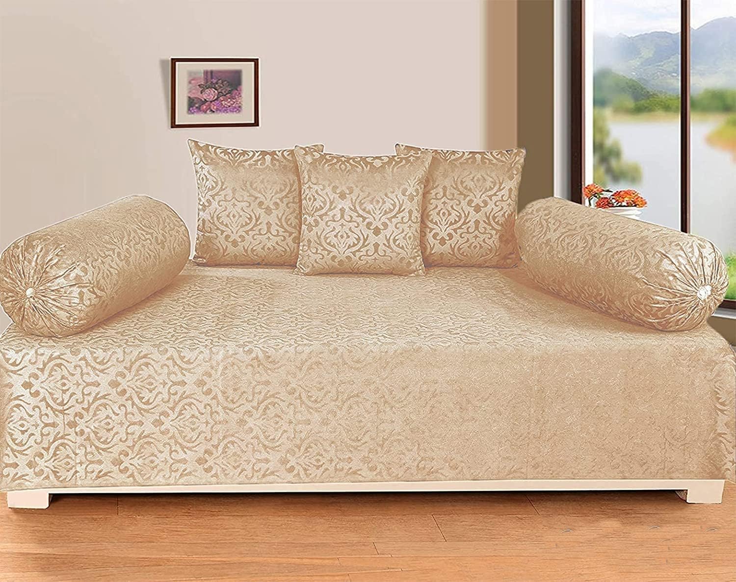 Premium Velvet Diwan Set - Bedsheet, 2pc Bolster Cover with Dori and 3pc Cushion Covers Large Set of 6 Pieces Beige