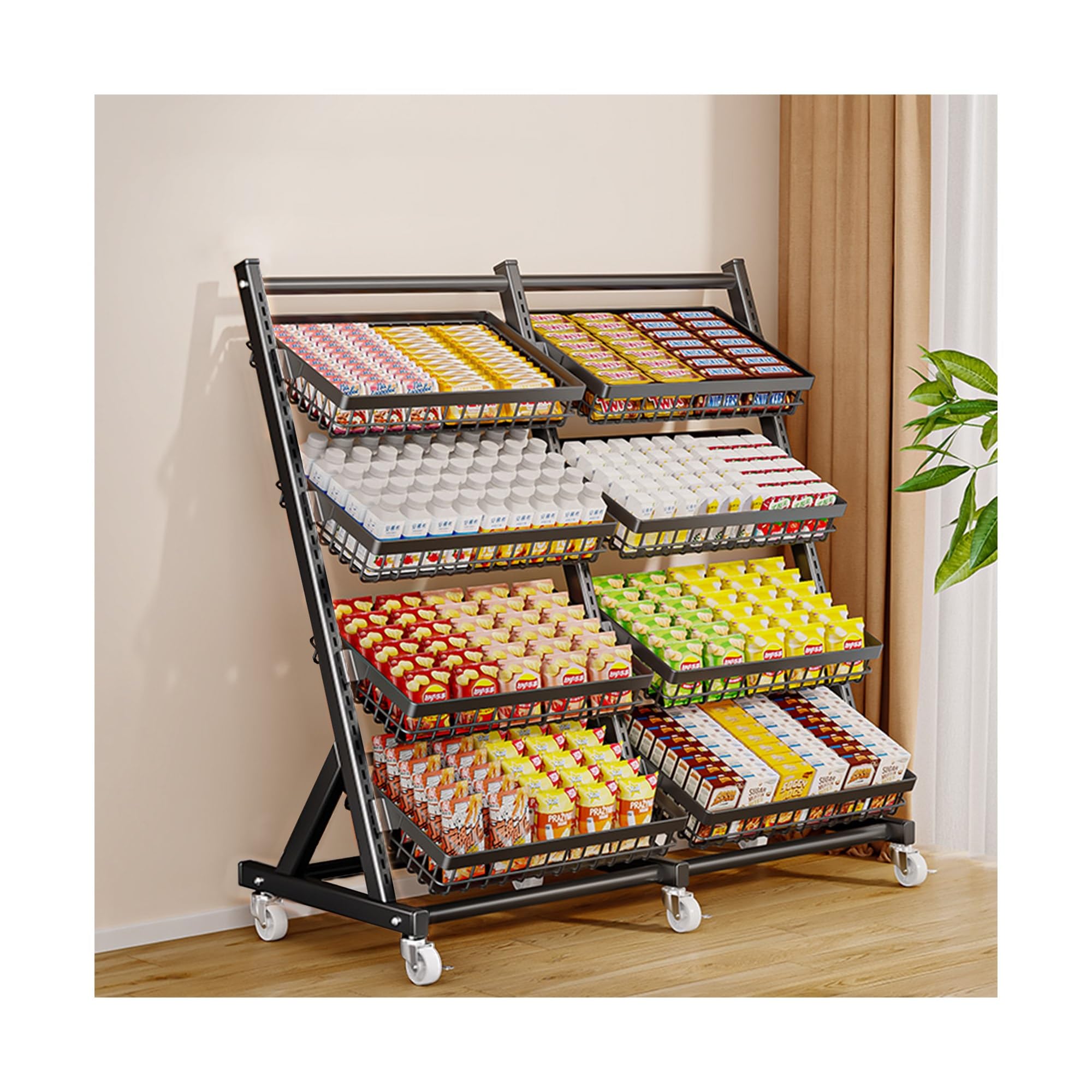 Genérico Expositor de 4 Niveles para Dulces y Snacks - Organizador de Cocina de pie para Patatas Fritas, Frutas y Snacks - Cesta de Almacenamiento Angular para supermercados y despensas (Negro)