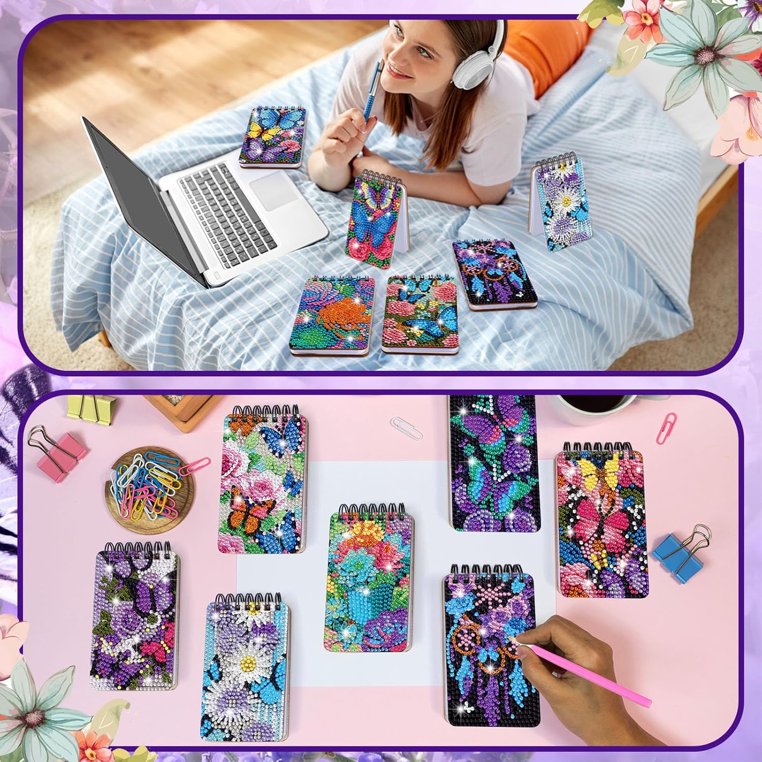 Fuyoooo 12 Pcs Flower Butterfly Diamond Painting Notebook DIY Butterfly Floral Diamond Art Notebook Kits Cover Notepad 5d Journal Art Accessories for Adults Crafts Sketchbook with Tools Gift