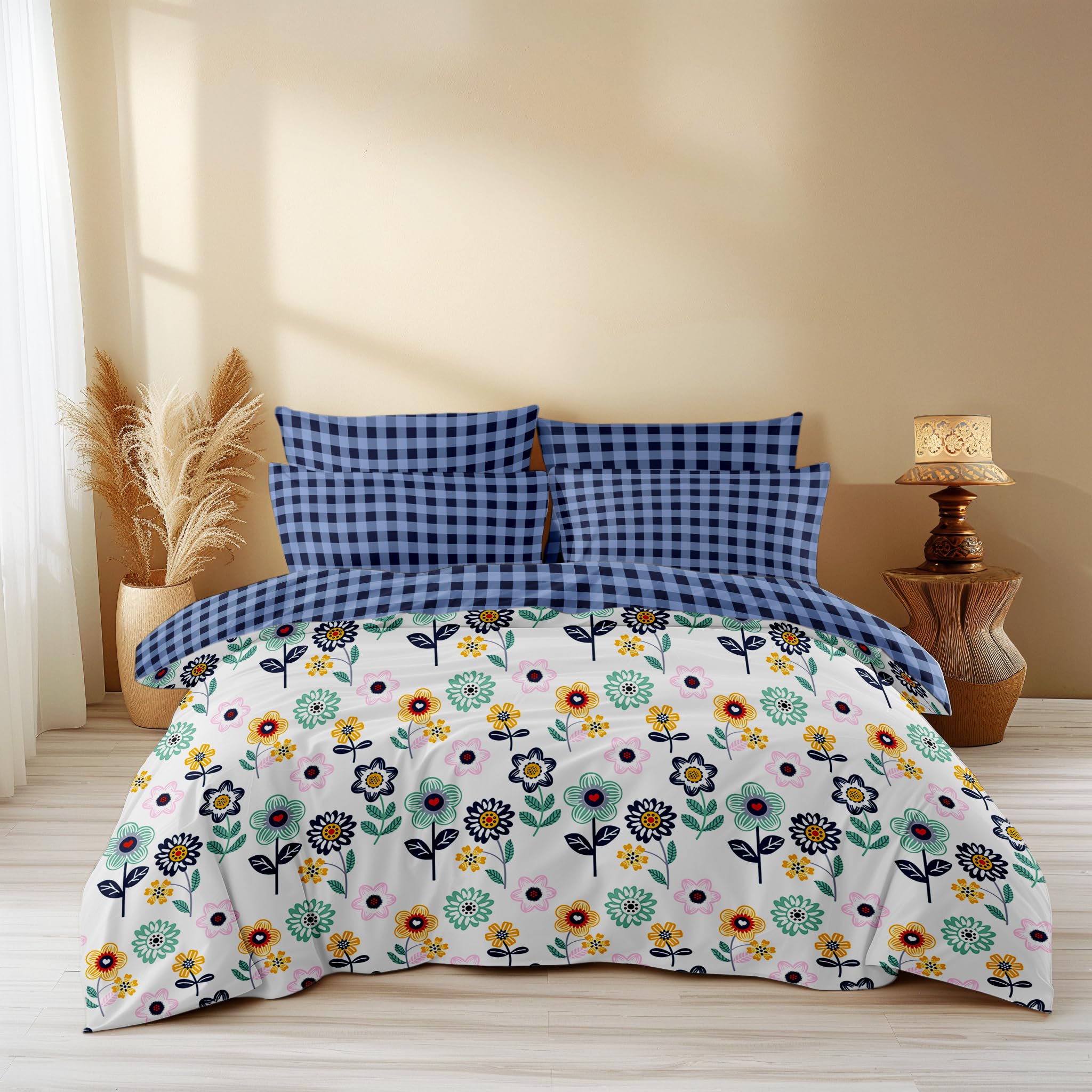 LOOMLYFE 300 TC Cotton All Season King Size Ac Comforter || Blanket || Duvet with 1 King Size Flat Bedsheet 108X108 Inch and 2 Large Pillow Cover - 4 Piece Comforter Set - BlueSunflower