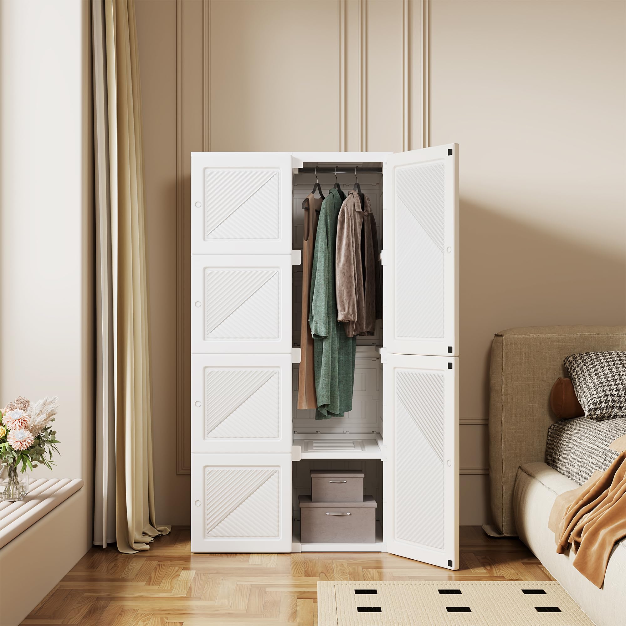 Armadietto portaoggetti bianco 69 x 50 x 136 cm, armadio guardaroba portatile, pieghevole, guardaroba con 5 piani, con asta per vestiti, per camera da letto organizer per vestiti