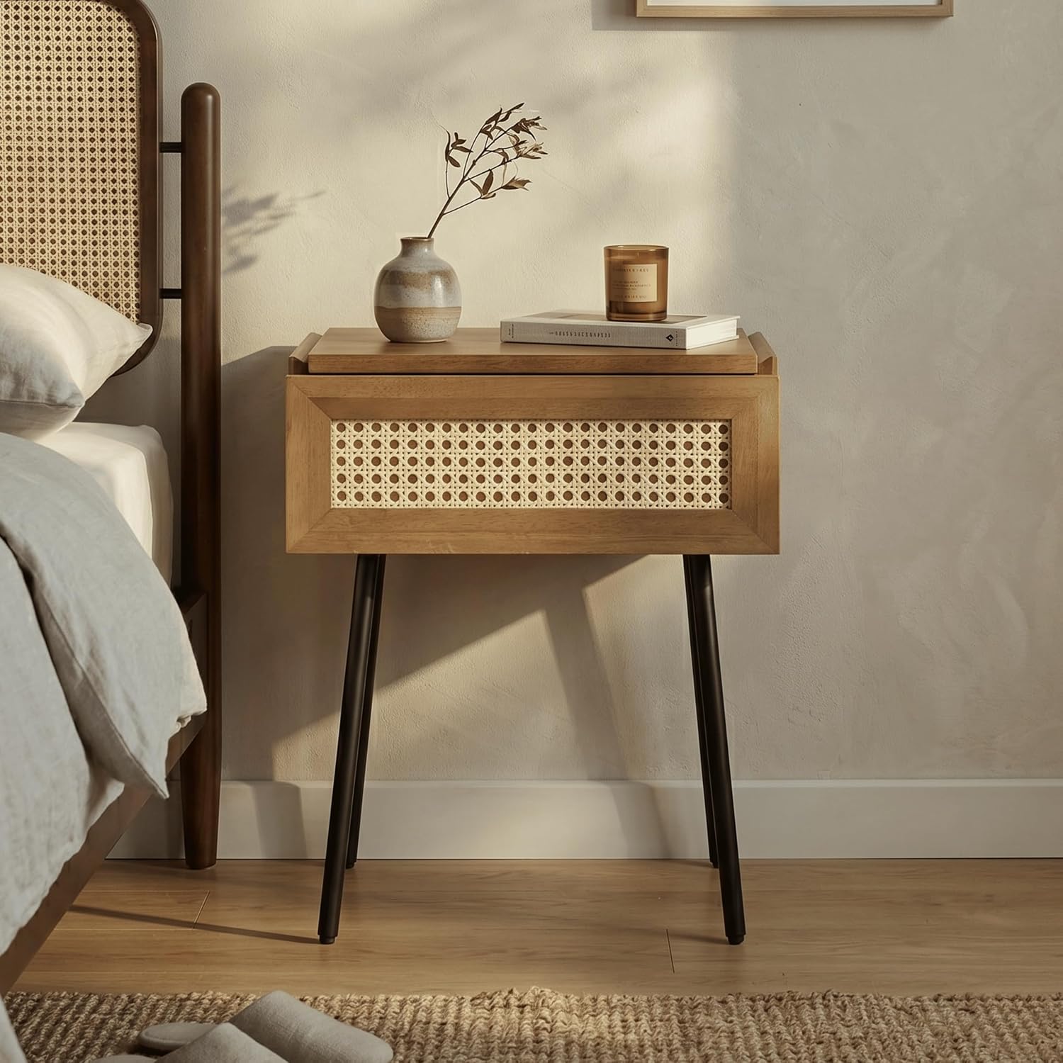 NTC Solid Oak Drawer Face Lulu Nightstand with Natural Rattan Drawer, Mid-Century Side Table for Bedroom, Bedside Furniture, End Table – Waterproof, Heat Resistant, Easy to Assemble – Dark Walnut