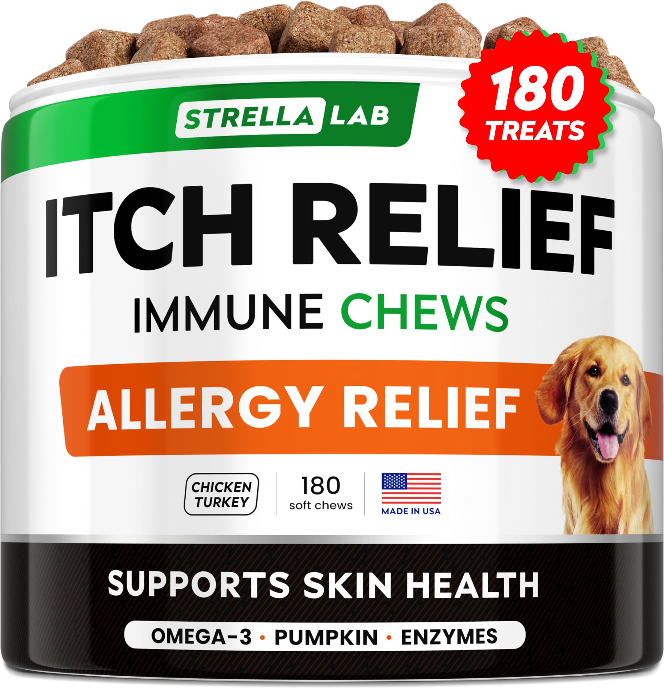 StrellaLab Dog Allergy Relief & Anti Itch Support Chews w/Omega 3, Pumpkin, Enzymes & Turmeric: Real Ingredients, Real Taste! Skin & Coat Immune