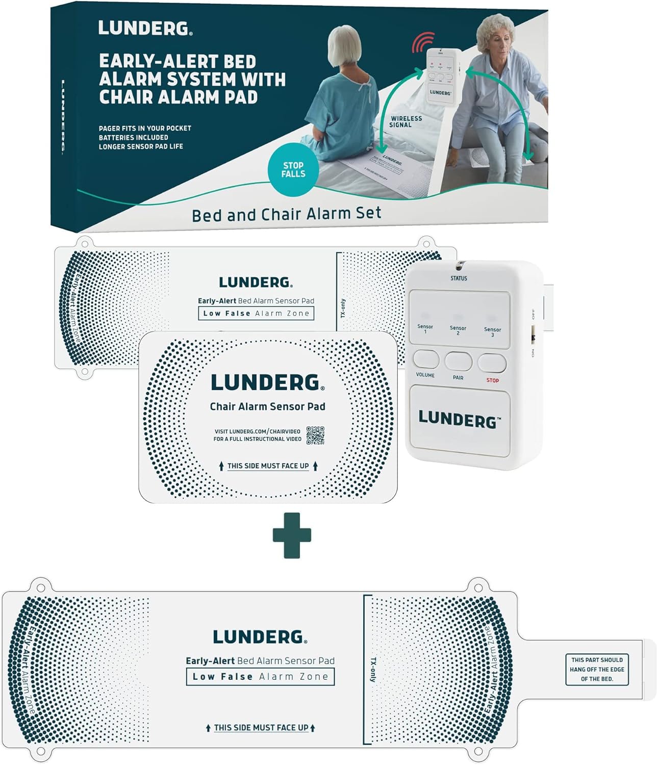 Lunderg Bed Alarm & Chair Alarm System - with Extra Bed Pad - Wireless Early-Alert Bed Sensor Pad, Chair Sensor Pad & Pager - Chair & Bed Alarms and Fall Prevention for Elderly and Dementia Patients
