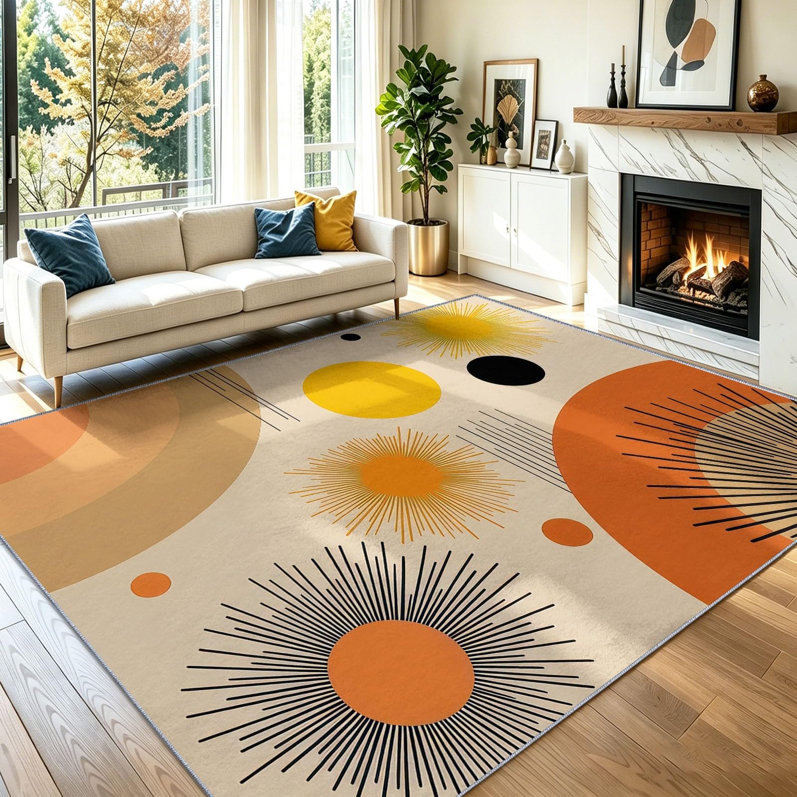 Retro Mid-Century Modern Teppich 80 x 150 cm Teppich Wohnzimmer Kreis Sonne Linie Geometrisch Kurzflor Waschbarer Teppiche Schlafzimmer Weich rutschfest Teppiche für Kinderzimmer Esszimmer, Orange