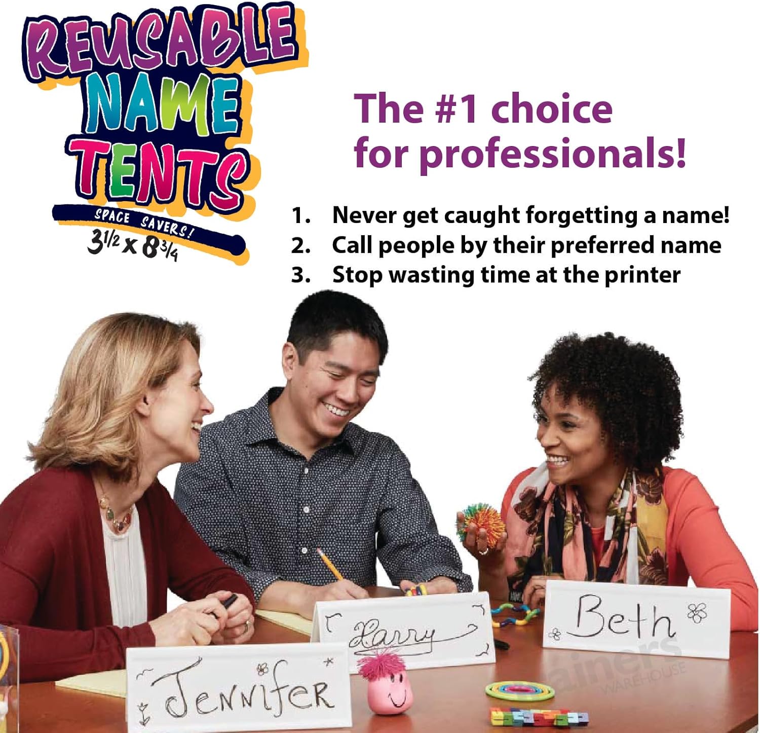 Trainers Warehouse Heavy Duty Premium Reusable Name Cards, White, Dry-Erase Tent, Space Saver, 8.75" x 3.5" (10)