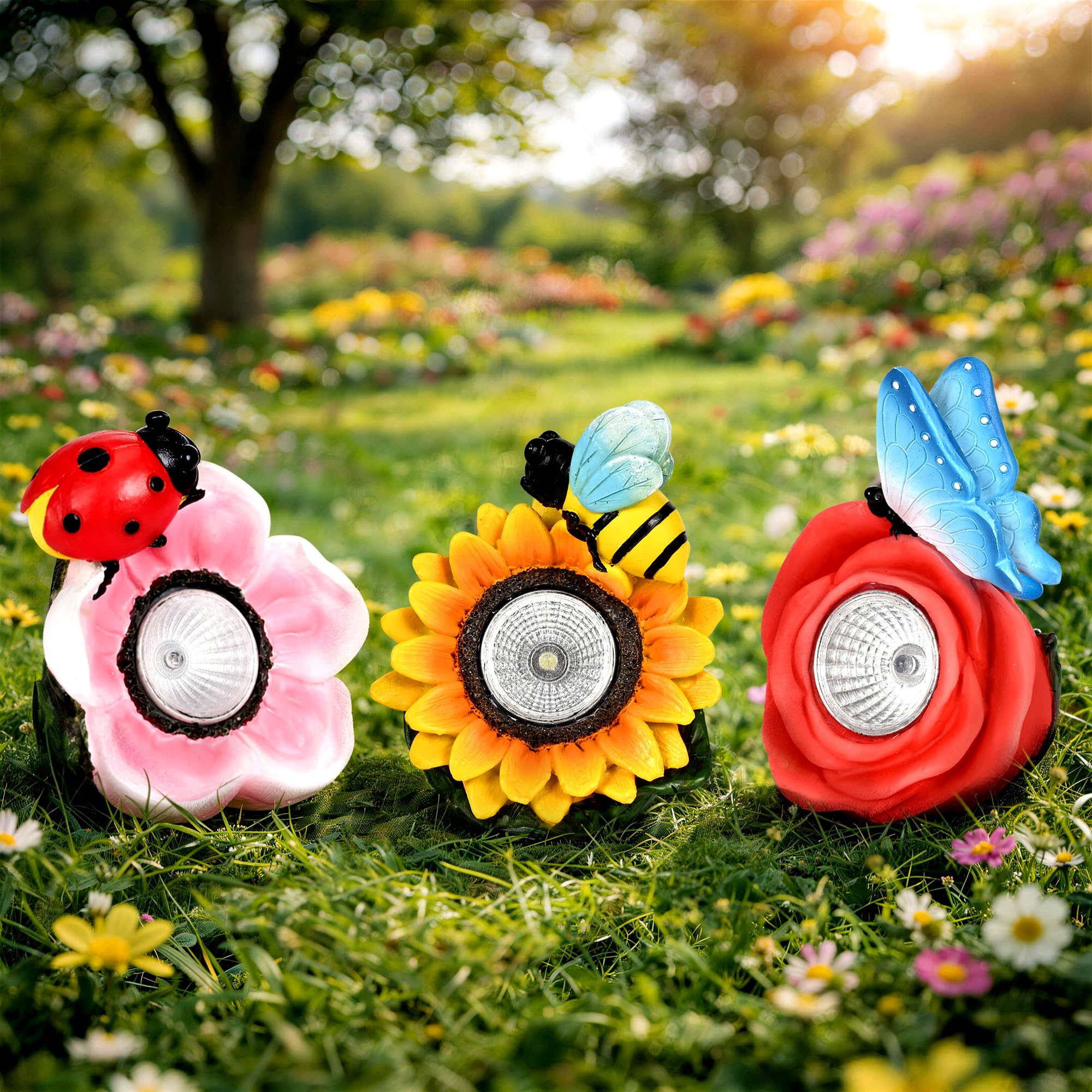GIGALUMI 3 Flower Set Garden Decor Statue, Colorful Flowers Garden Ornaments Outdoor, Birthday Gifts for Women, Gifts for Mum, Decor for Patio, Yard，Gardening gift