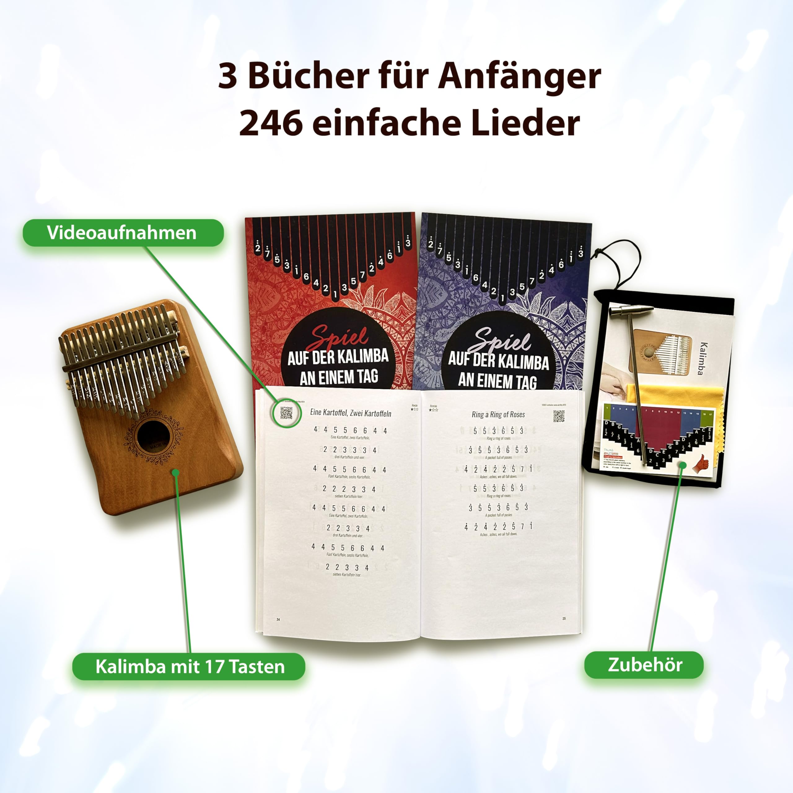 Spiel auf der Kalimba an einem Tag! Mega-Paket: Kalimba mit 17 Tasten + 3 Bücher für Anfänger + 246 einfache Lieder & Videoaufnahmen