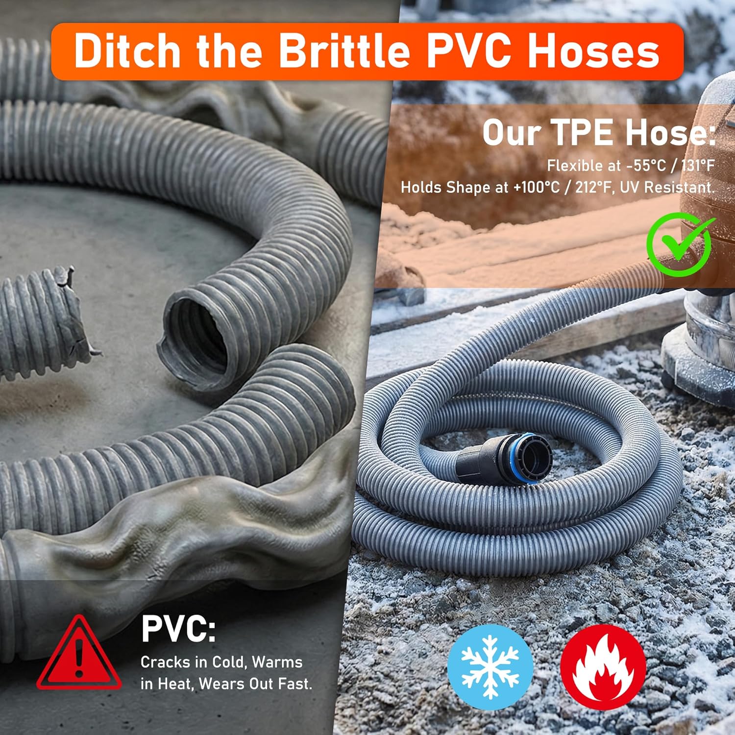 10FT Hose for Shop Vacuums with 6 Adapters - Universal Dust Collection Hose for 2-1/2" Shop Vacs, Fits De-Walt, Milwau-kee, Rid-gid Woodworking Power Tools by TOMOON