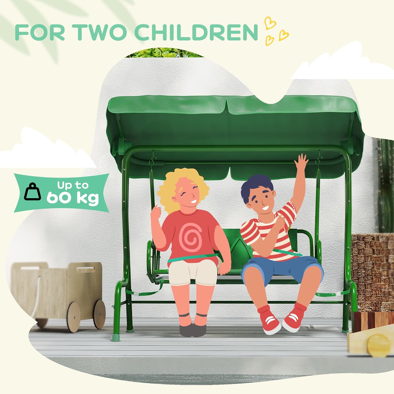 Qaba Kids Patio Swing, 2-Seater Outdoor Porch Swing Chair with Adjustable Canopy, Safety Belt, Bee Pattern Hanging Swing Bench for Garden, Backyard, Dark Green