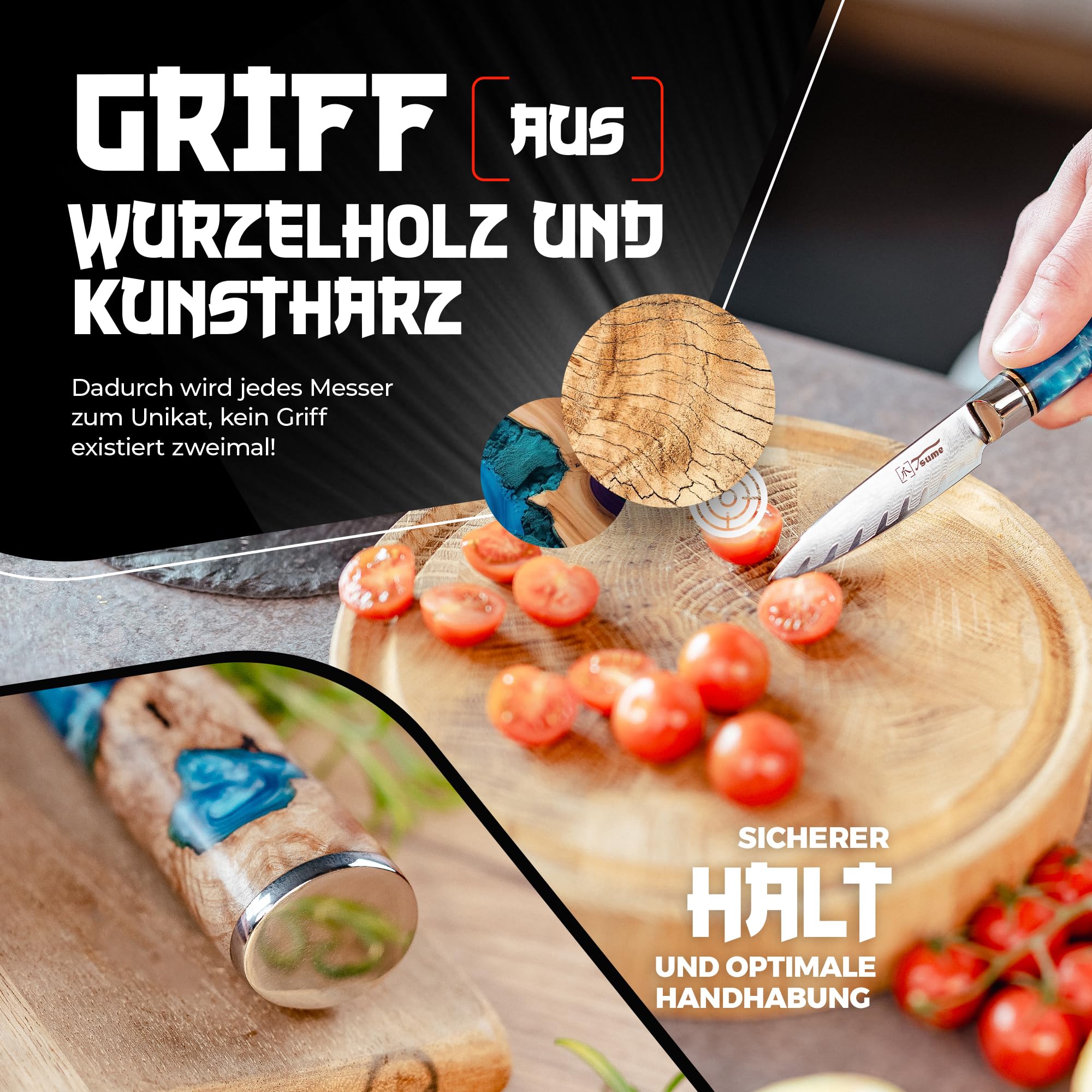 Tsume Schälmesser Saphir, Klingenlänge 9cm, Echtes Damast Küchenmesser, 67 Schichten VG10 Edelstahlkern mit blauem und weißen Kunstharz und Holz Handgriff, Rasiermesserscharf